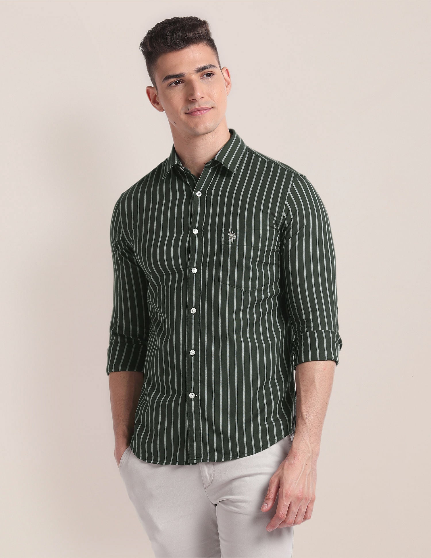 Premium Cotton Vertical Stripe Shirt Dark Olive - U.S. Polo Assn. India | Large