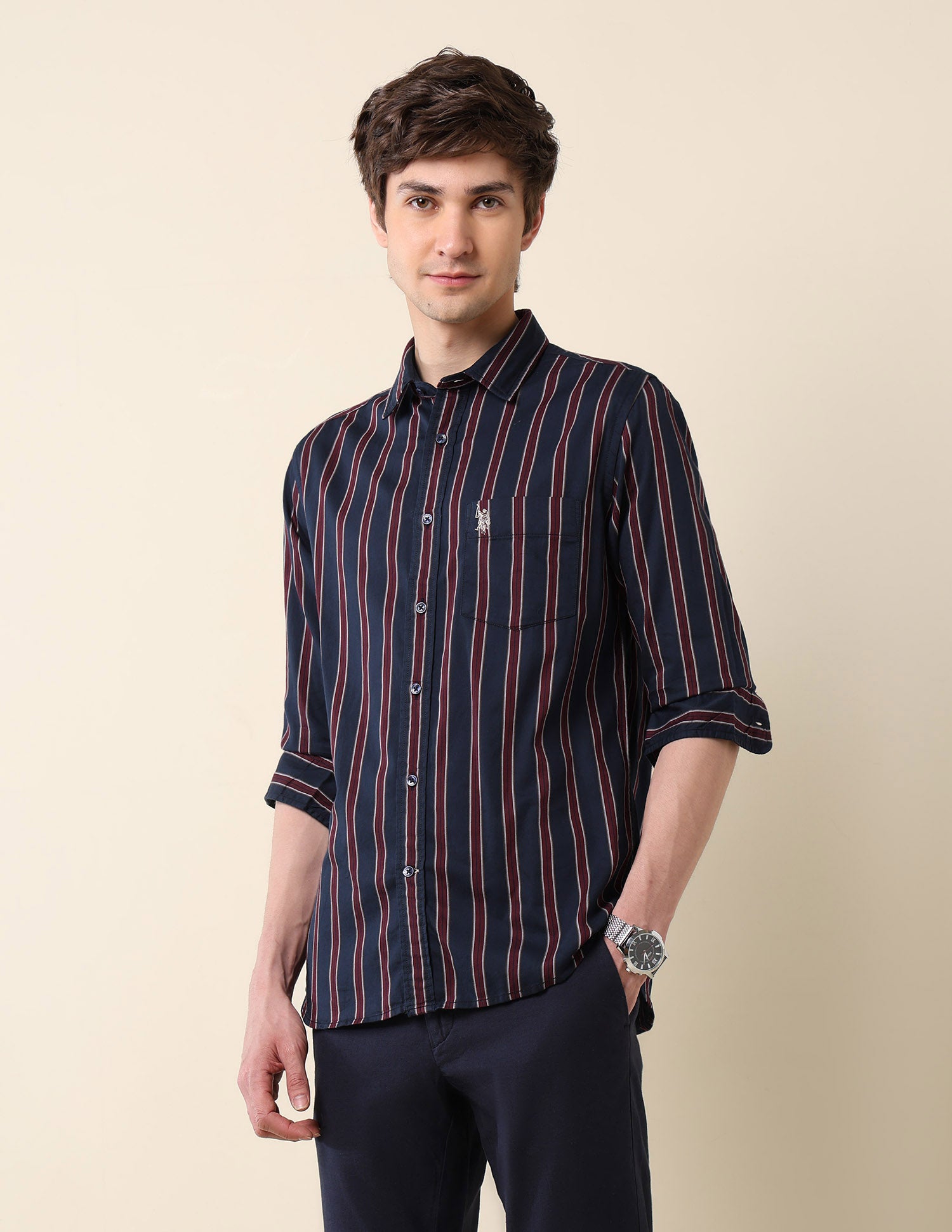 Vertical Striped Pure Cotton Shirt Navy - U.S. Polo Assn. India | Large