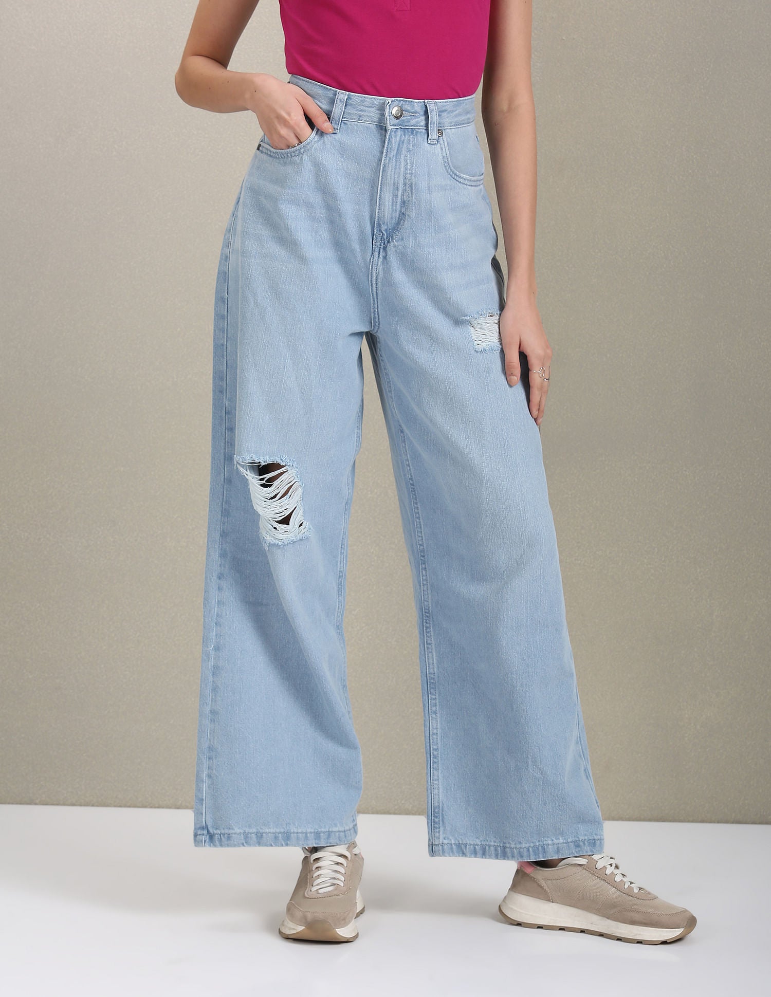 High Rise Wide Leg Distressed Jeans Blue - U.S. Polo Assn. India | Large