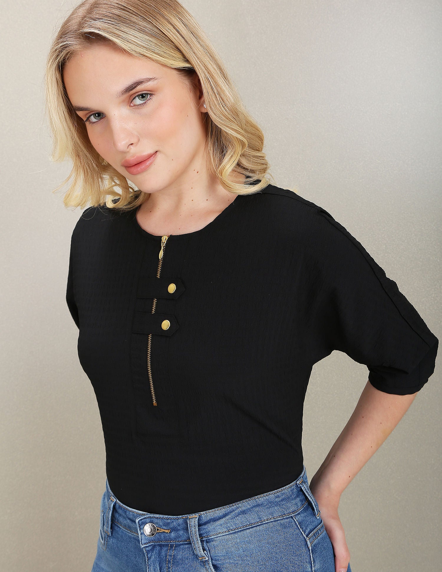 Round Neck Textured Top Black - U.S. Polo Assn. India | Large