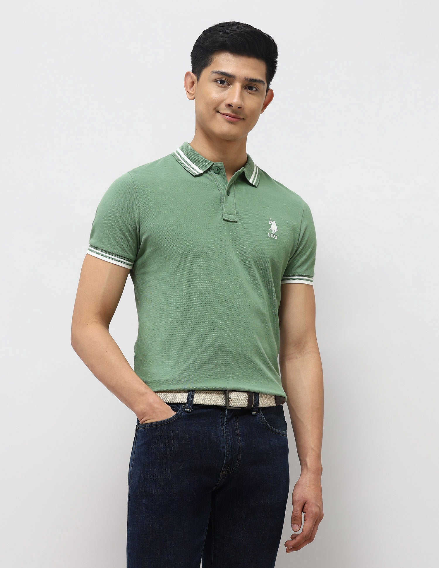 Pure Cotton Muscle Fit Polo Shirt Light Green - U.S. Polo Assn. India | Large