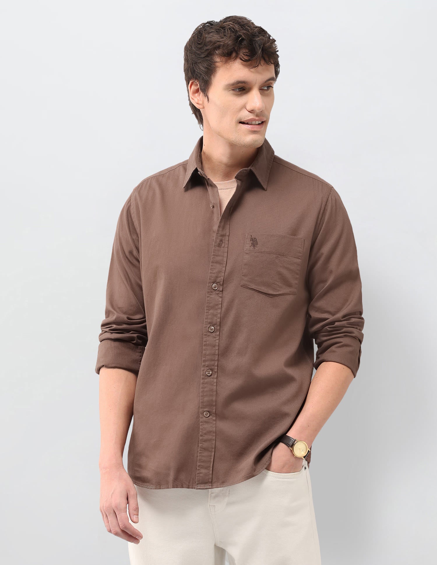 Solid Tailored Fit Shirt Brown - U.S. Polo Assn. India | Large