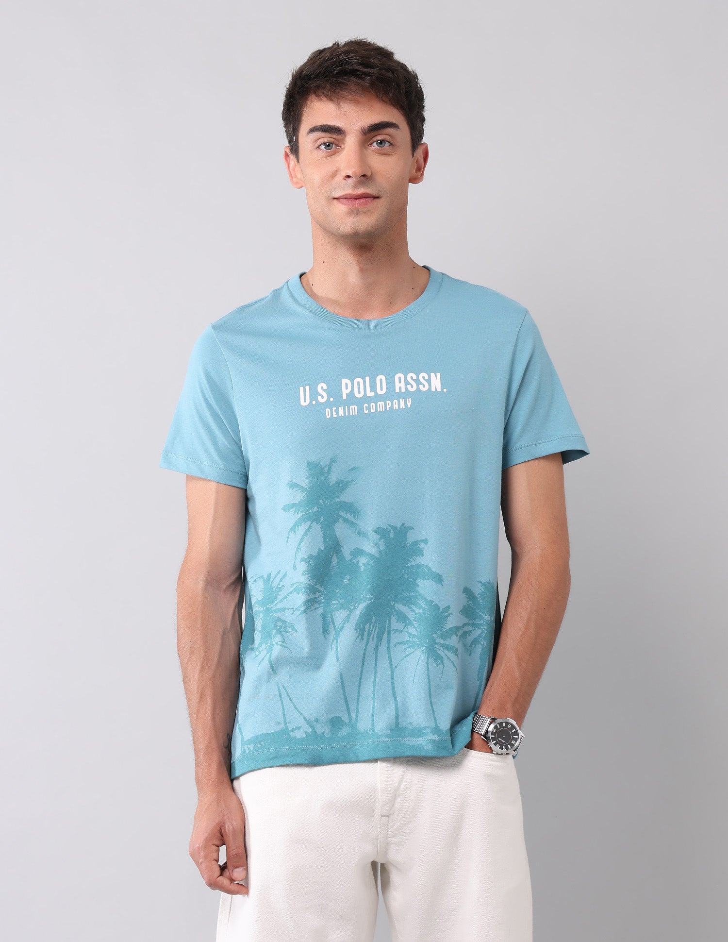 Muscle Fit Graphic Printed T-Shirt Light Blue - U.S. Polo Assn. India | Large