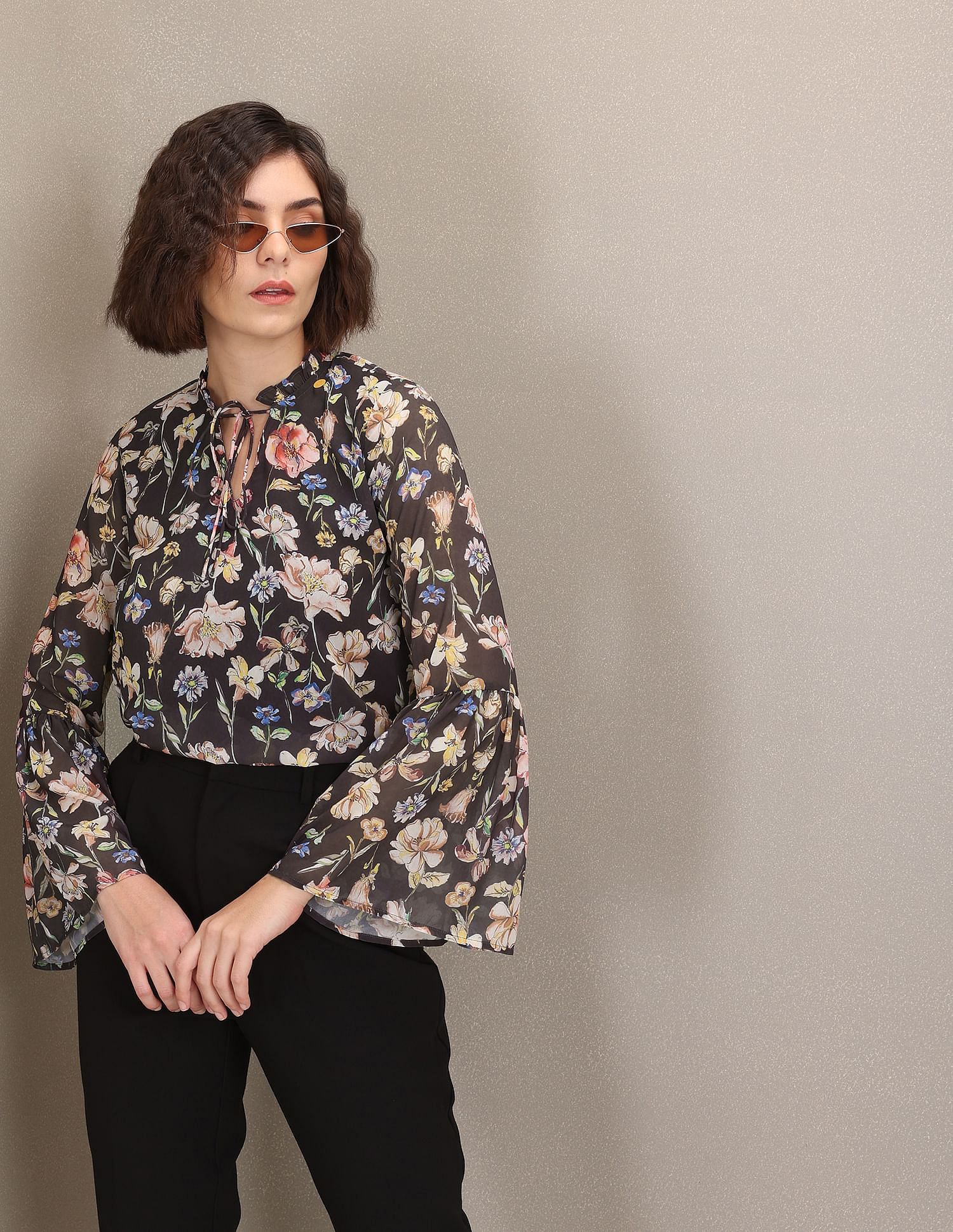 Floral Print Bell Sleeve Top Black - U.S. Polo Assn. India | Large