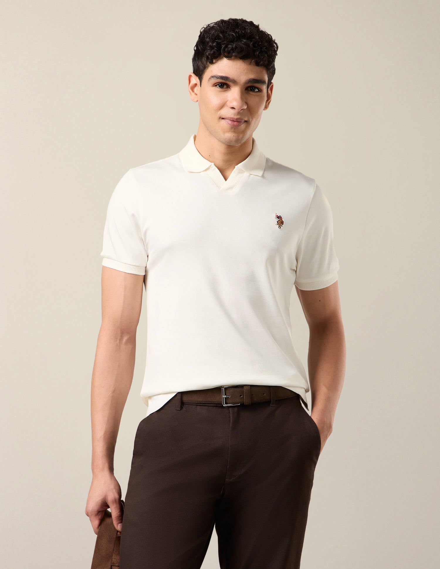 Solid Slim Fit Polo Shirt Off White - U.S. Polo Assn. India | Large