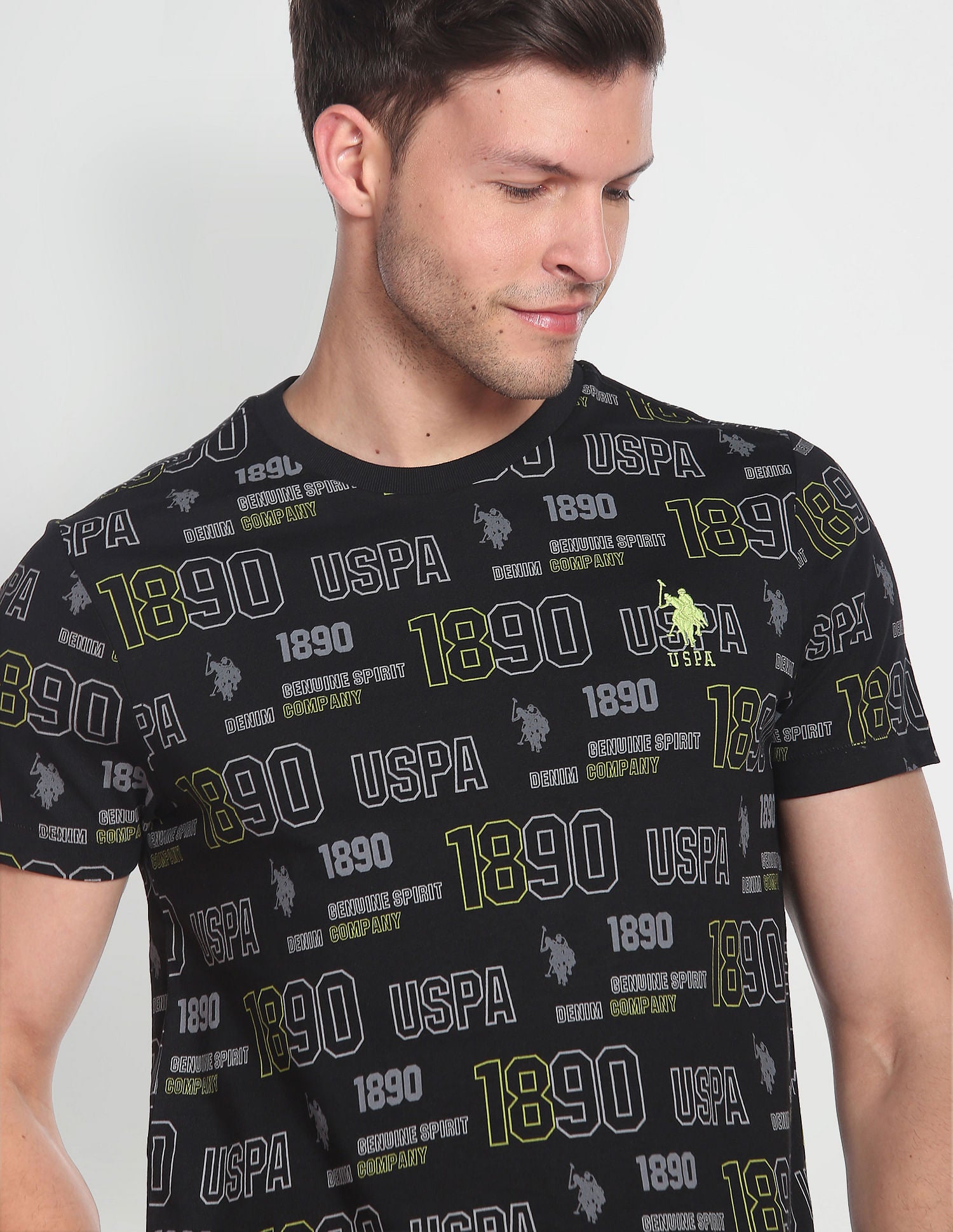 Iconic All Over Brand Print T-Shirt Black - U.S. Polo Assn. India | Large