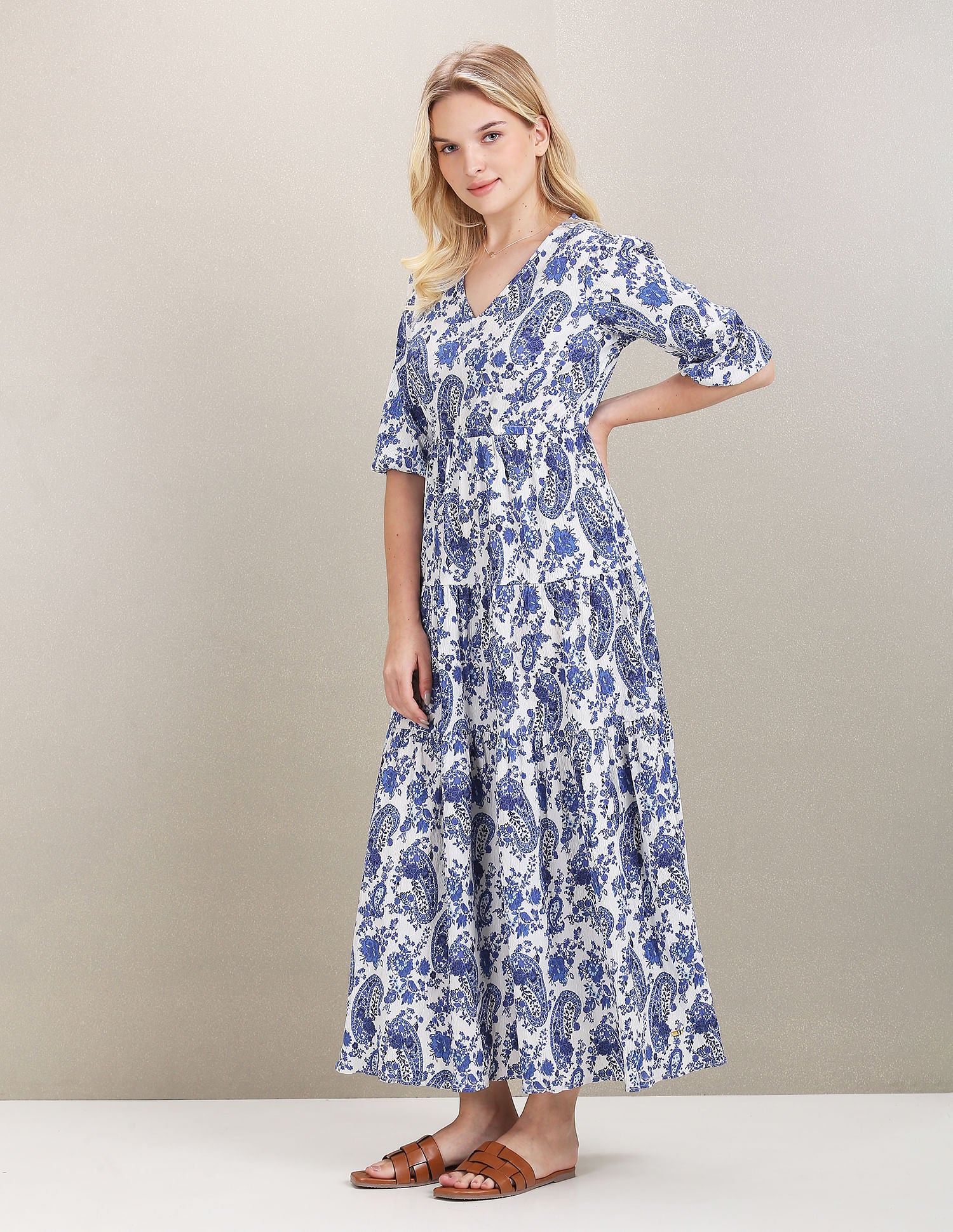 V-Neck Paisley Print Maxi Dress Blue and White - U.S. Polo Assn. India | Large