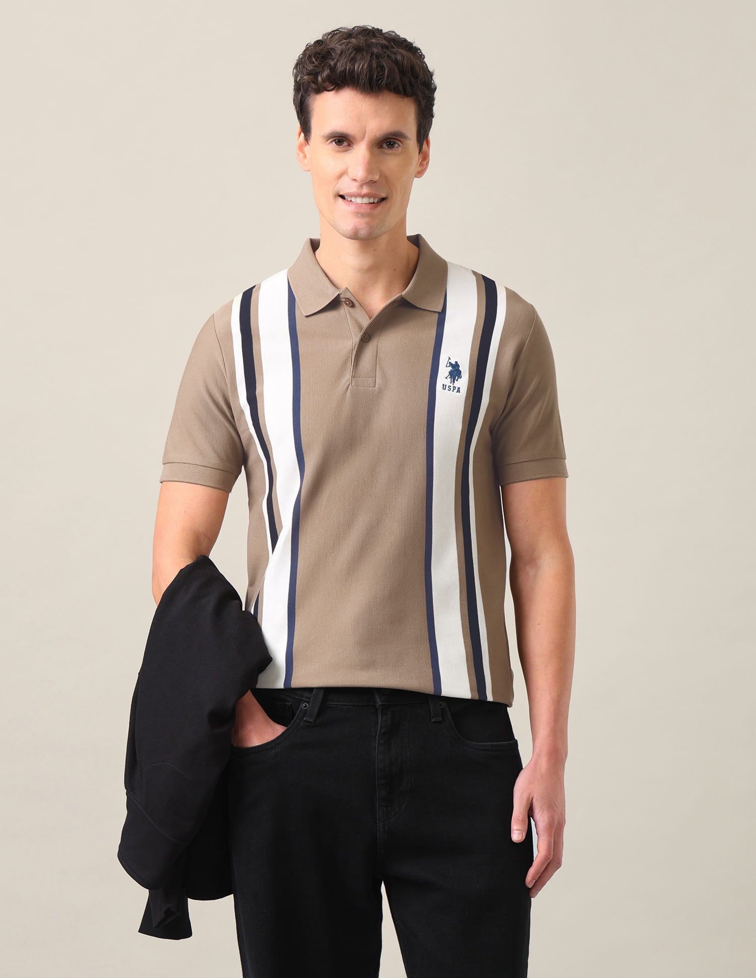 Vertical Striped Slim Fit Polo Shirt Light Brown - U.S. Polo Assn. India | Large