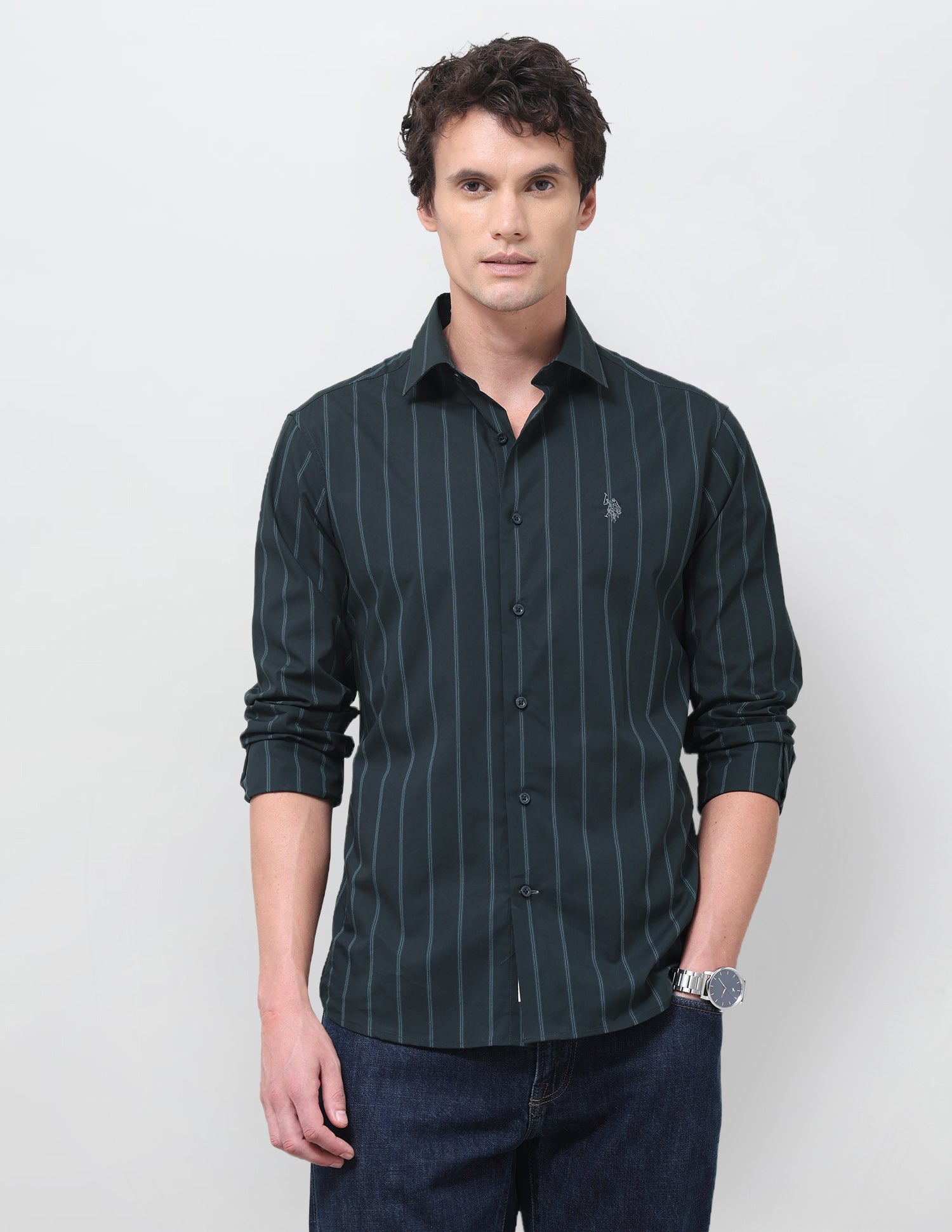 Vertical Striped Poplin Shirt Teal - U.S. Polo Assn. India | Large