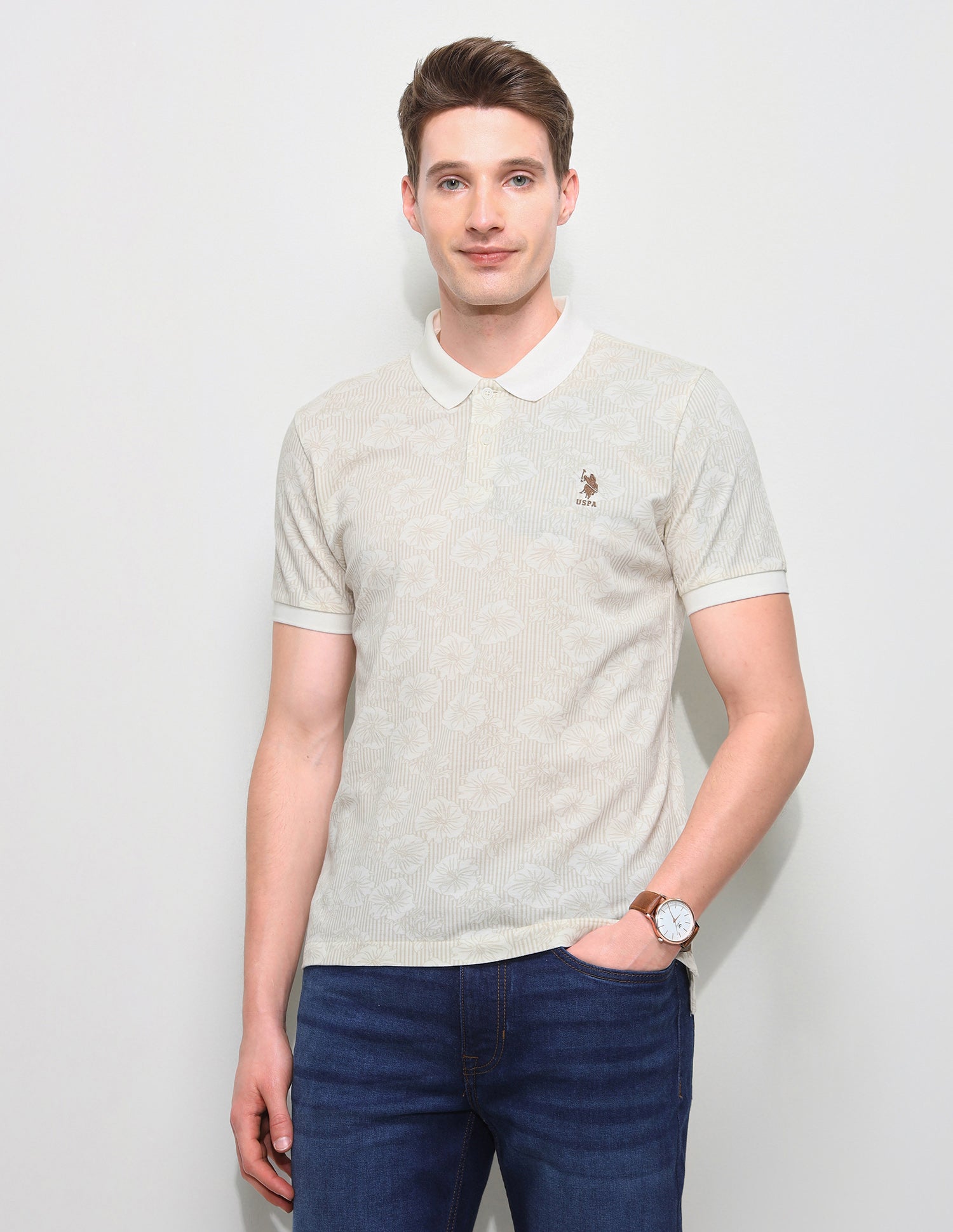 Floral Vertical Striped Slim Fit Polo Shirt