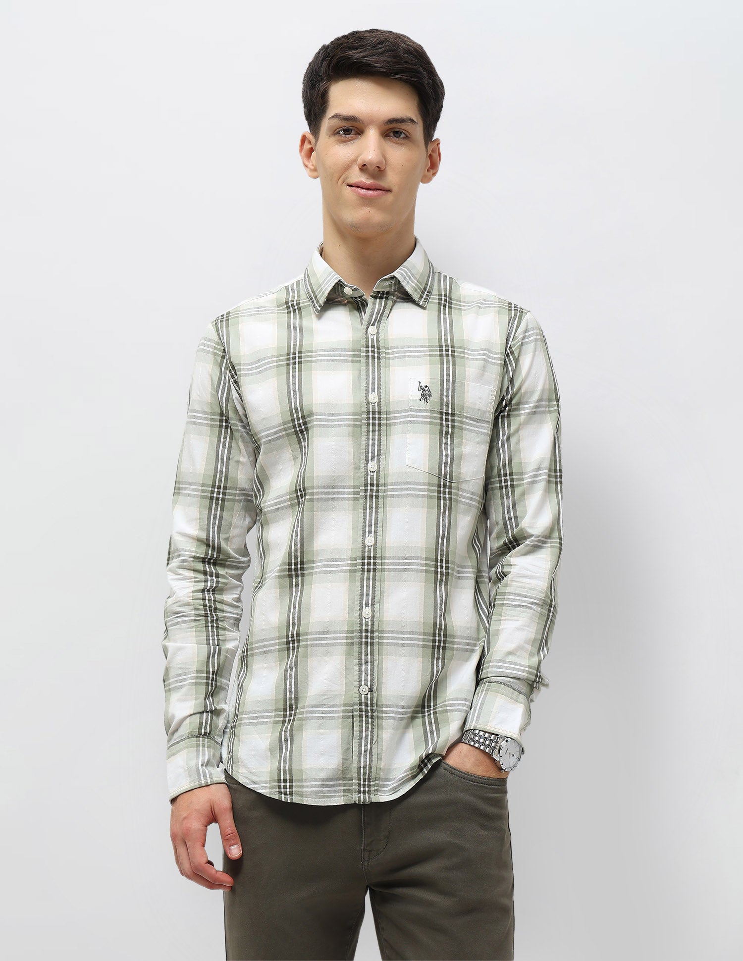 Tartan Checked Seersucker Shirt Light Olive - U.S. Polo Assn. India | Large