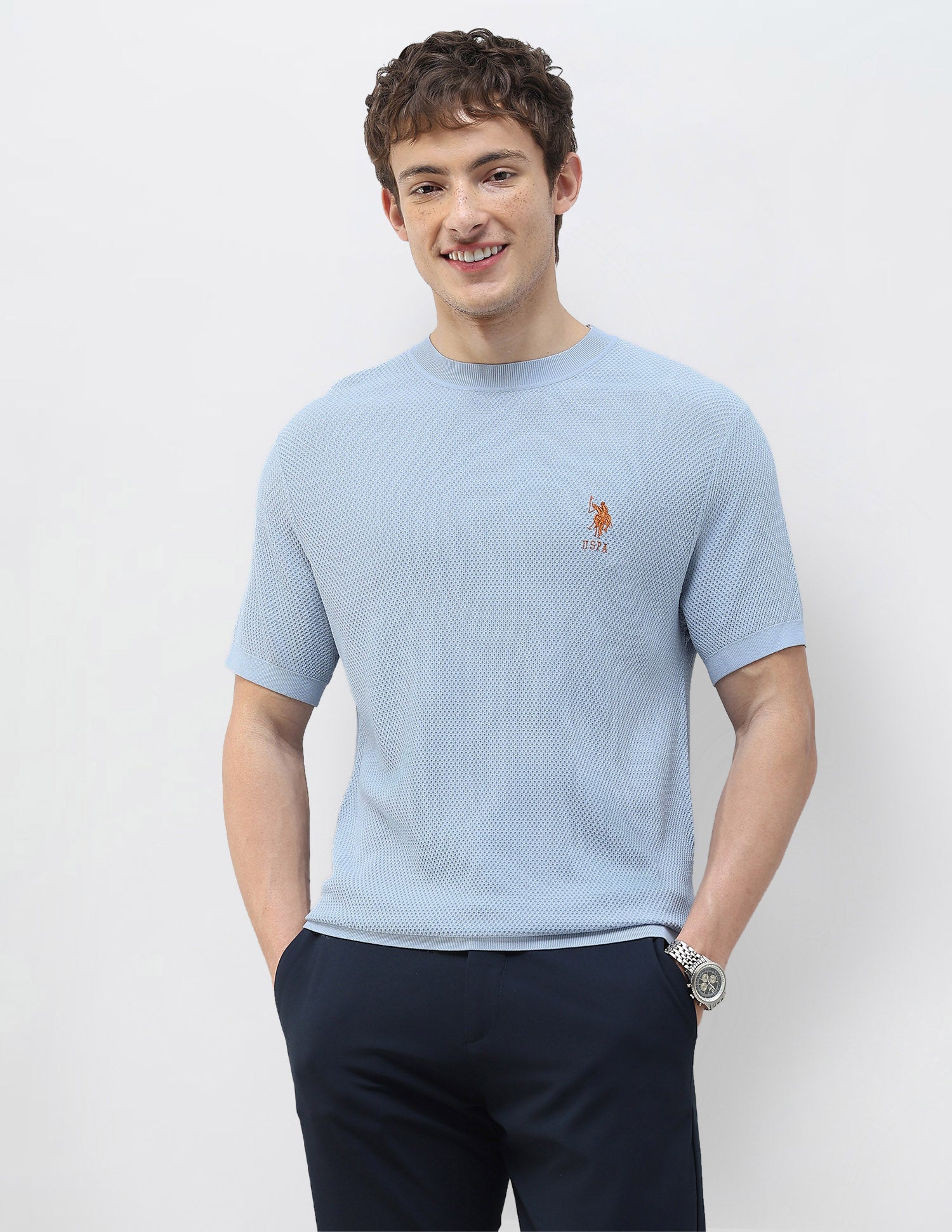 Textured Slim Fit T-Shirt Light Blue - U.S. Polo Assn. India | Large