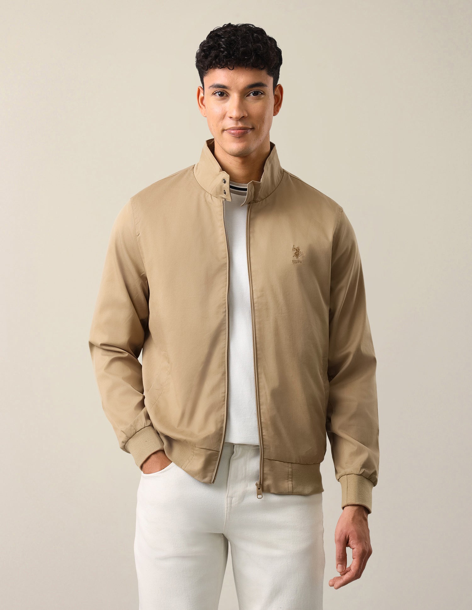 Solid Regular Fit Bomber Jacket Khaki - U.S. Polo Assn. India | Large