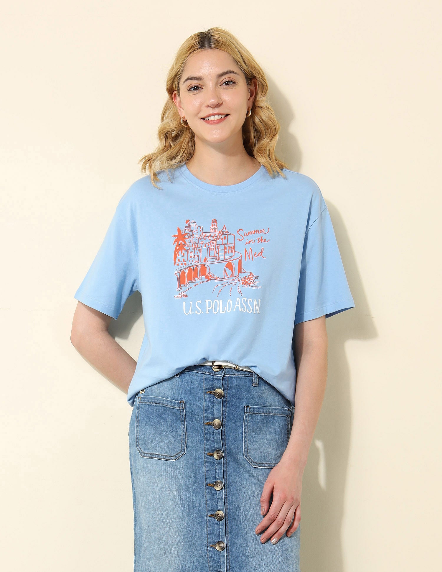 Boyfriend Fit Tropical Printed T-Shirt Light Blue - U.S. POLO ASSN. | Large