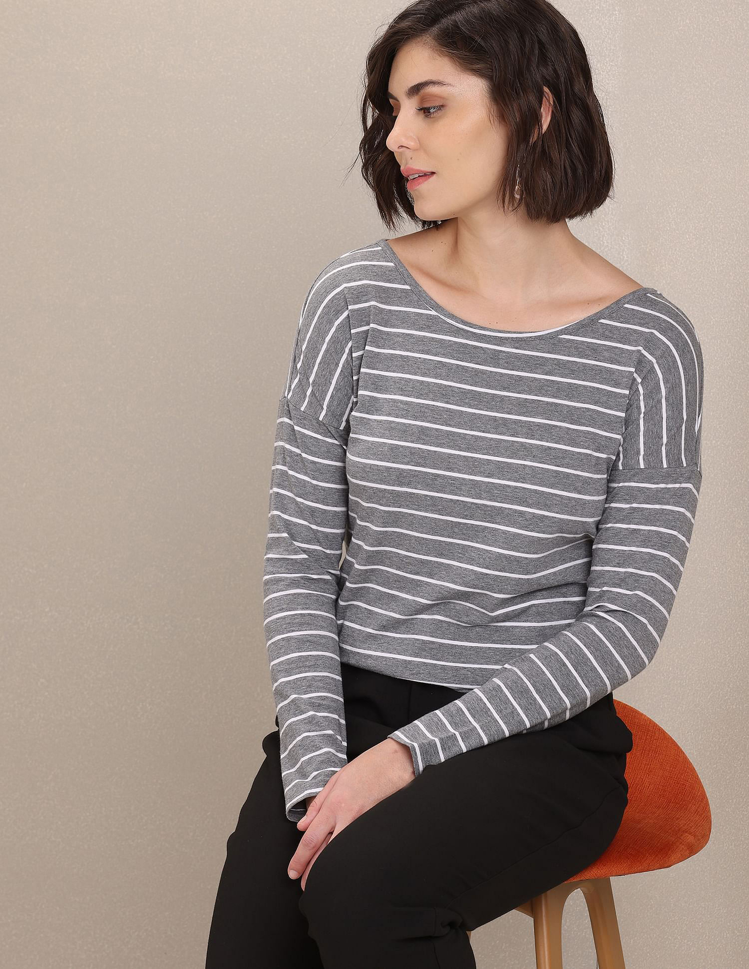 Bateau Neck Stylized Back Horizontal Striped Top Grey - U.S. Polo Assn. India | Large