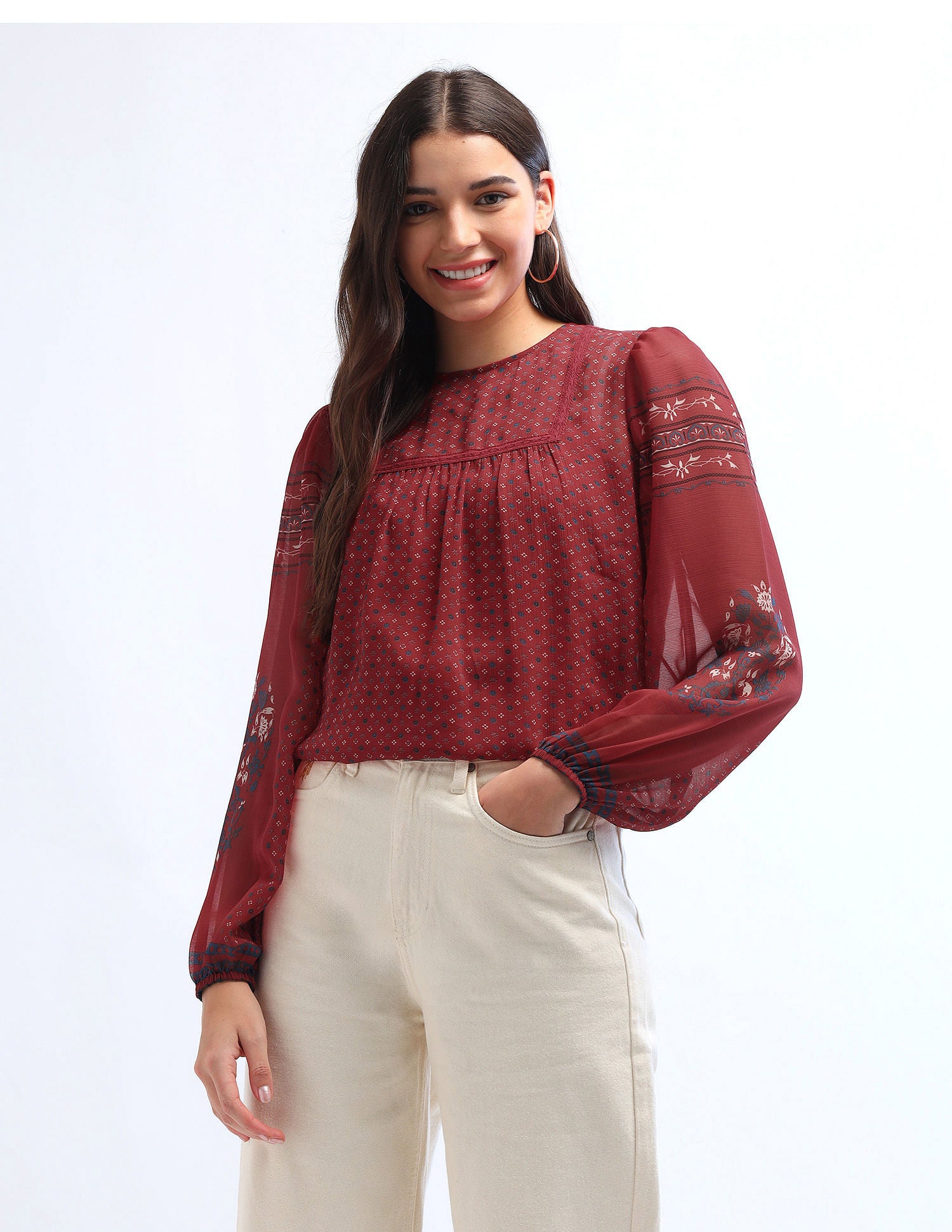 Boho Printed Crinkled Chiffon Top