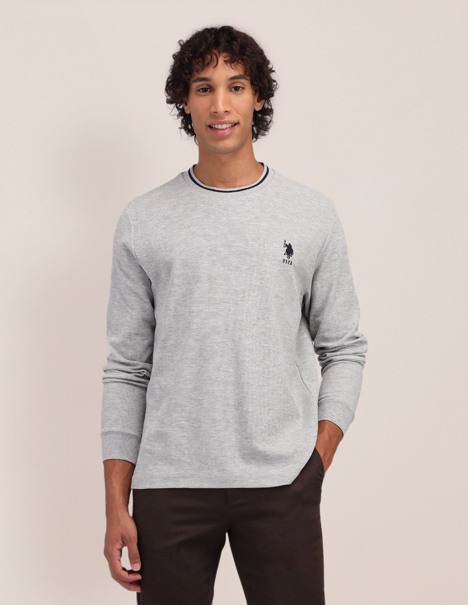 Textured Cotton Slim Fit T-Shirt Grey - U.S. Polo Assn. India | Large