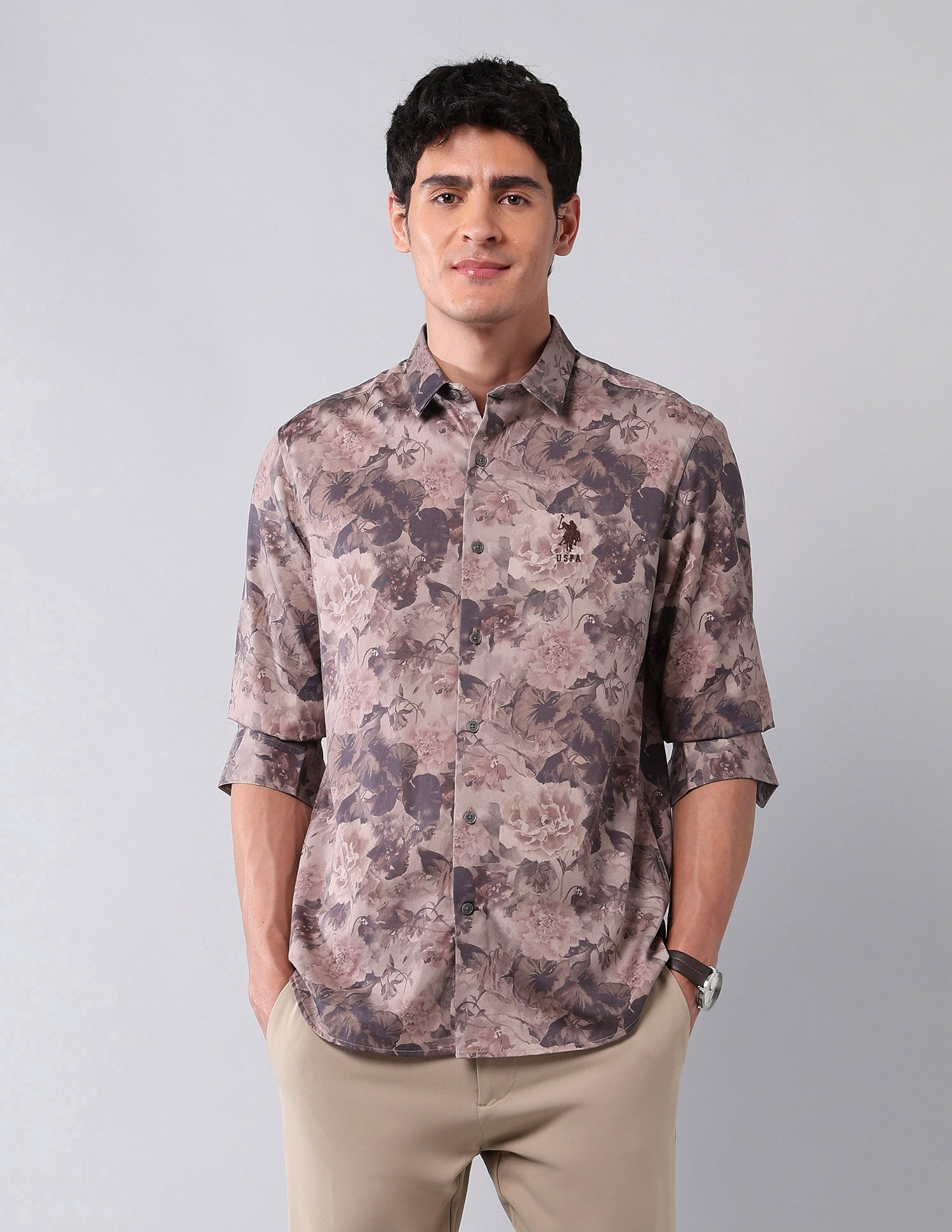 Floral Printed Pure Cotton Shirt Mauve - U.S. Polo Assn. India | Large