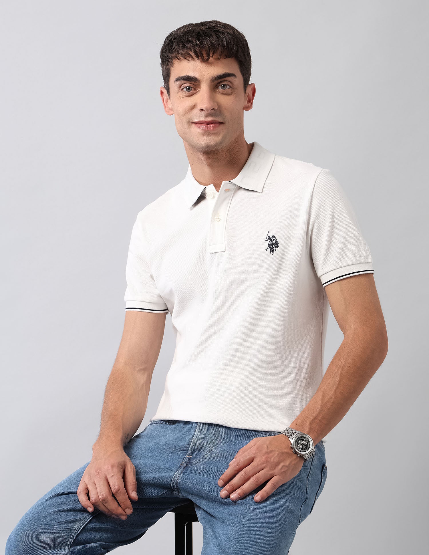 Pure Cotton Solid Polo Shirt Ivory - U.S. Polo Assn. India | Large