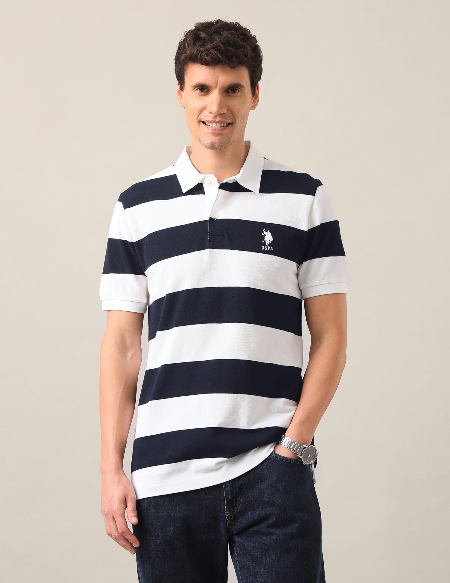 Horizontal Striped Slim Fit Polo Shirt White - U.S. Polo Assn. India | Large