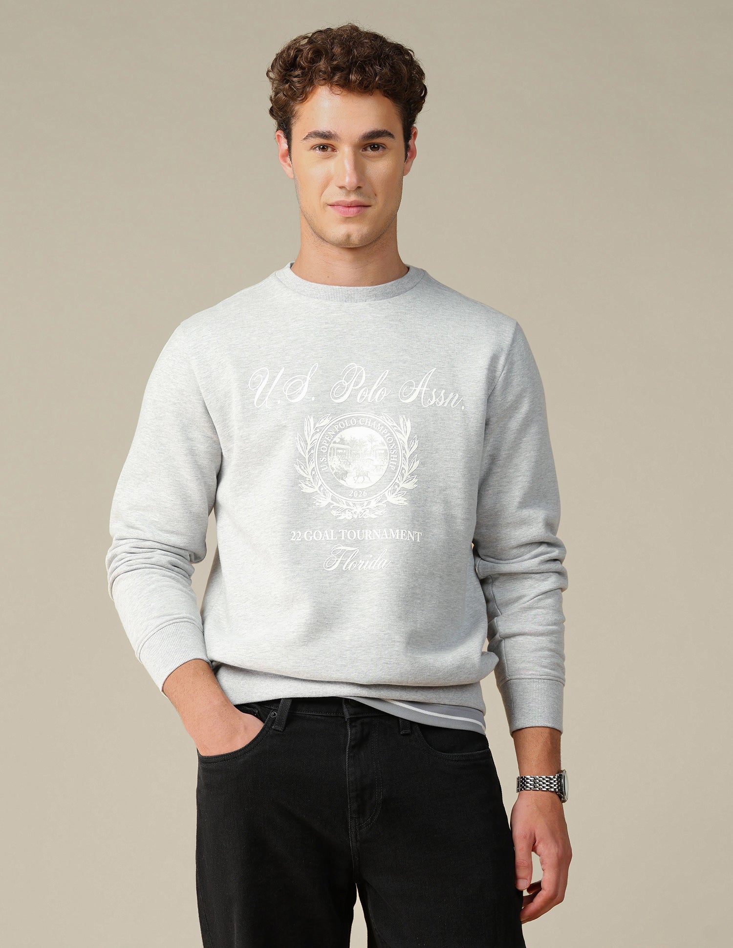 Graphic Brand Printed Regular Fit Sweatshirt Ecru Melange - U.S. Polo Assn. India | Large
