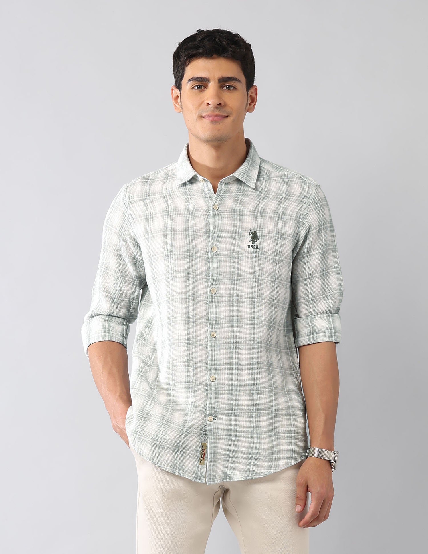 Tartan Checked Dobby Regular Fit Shirt Light Green - U.S. Polo Assn. India | Large