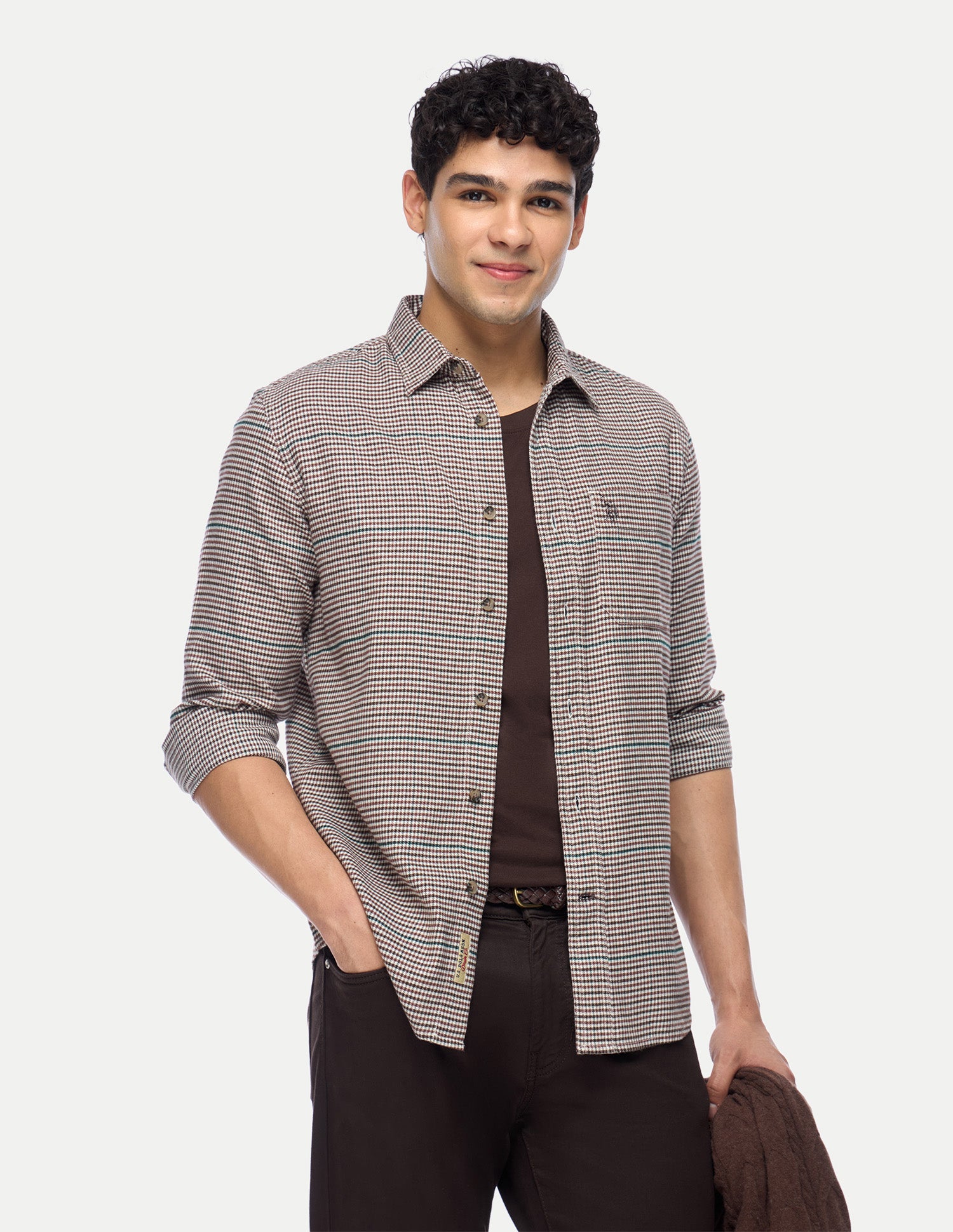 Houndstooth Printed Twill Shirt Brown - U.S. Polo Assn. India | Large