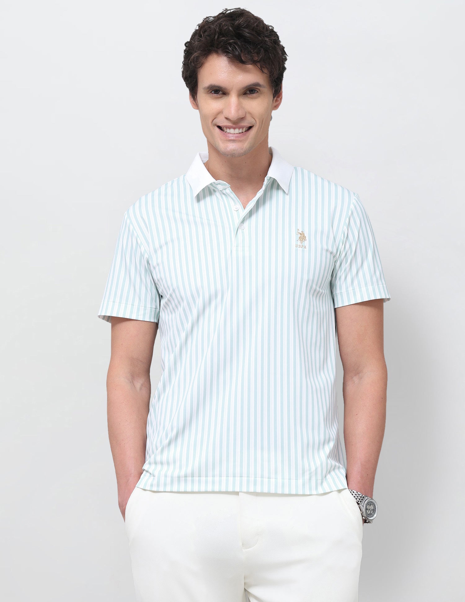 Vertical Striped Slim Fit Polo Shirt Light Green - U.S. Polo Assn. India | Large