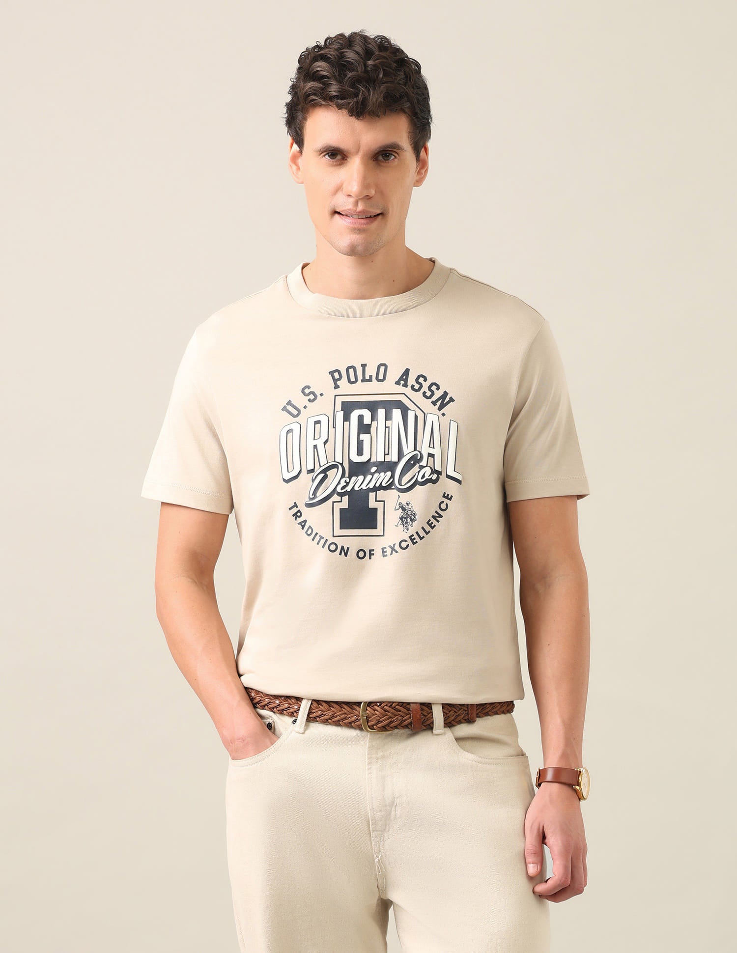 Graphic Printed Regular Fit T-Shirt Beige - U.S. Polo Assn. India | Large
