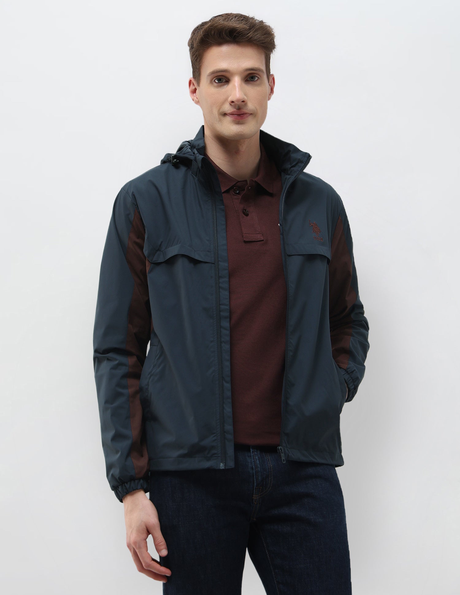 Packable Detachable Hood Colour Blocked Jacket