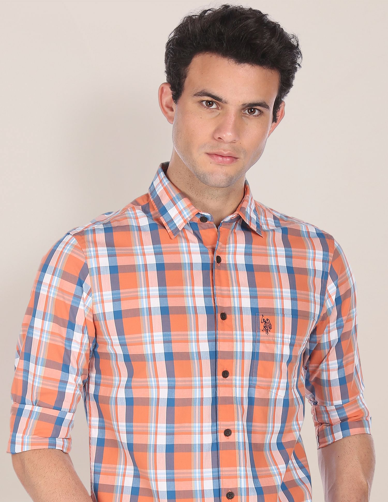 Men Orange Spread Collar Check Casual Shirt Orange - U.S. POLO ASSN. | Large