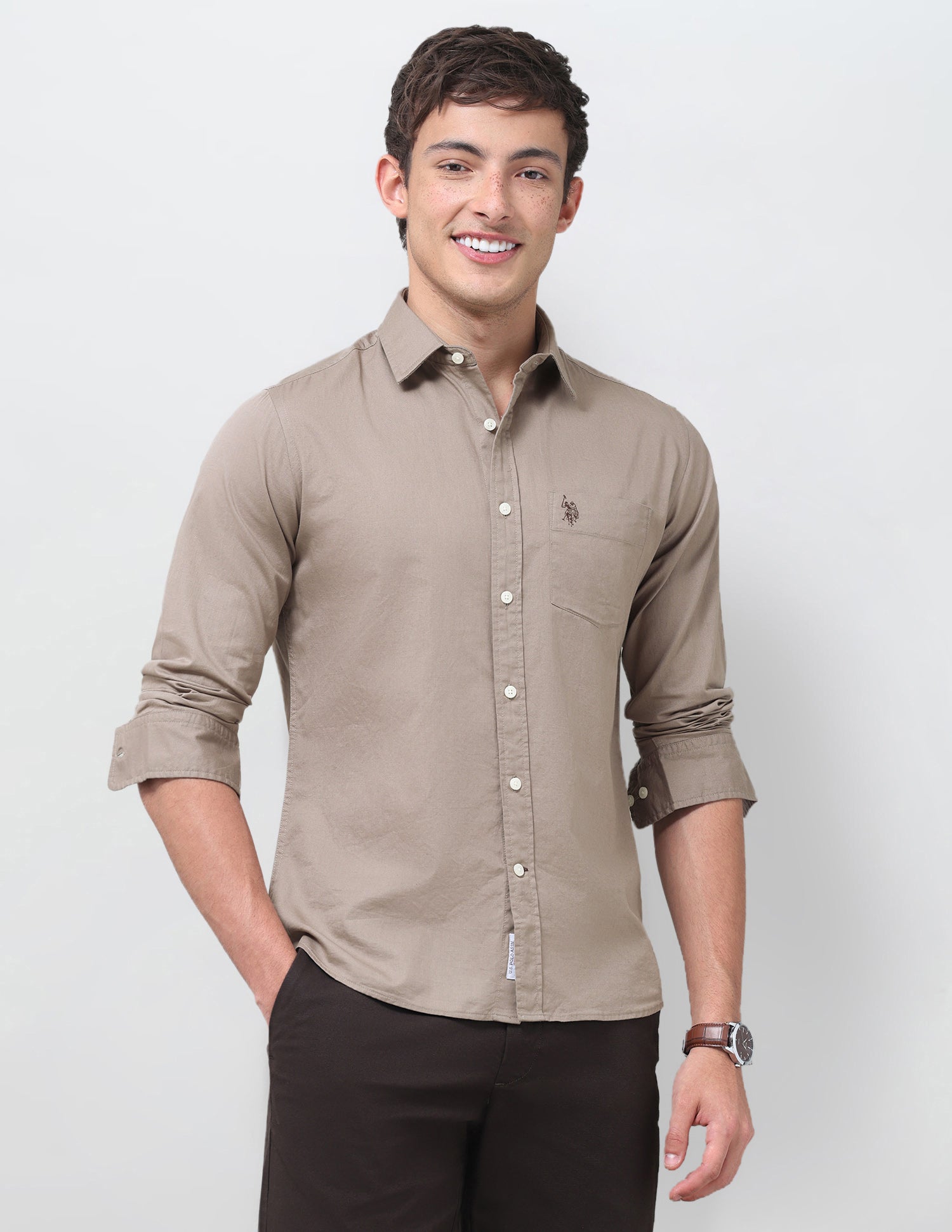 Tailored Fit Twill Shirt Light Olive - U.S. Polo Assn. India | Large