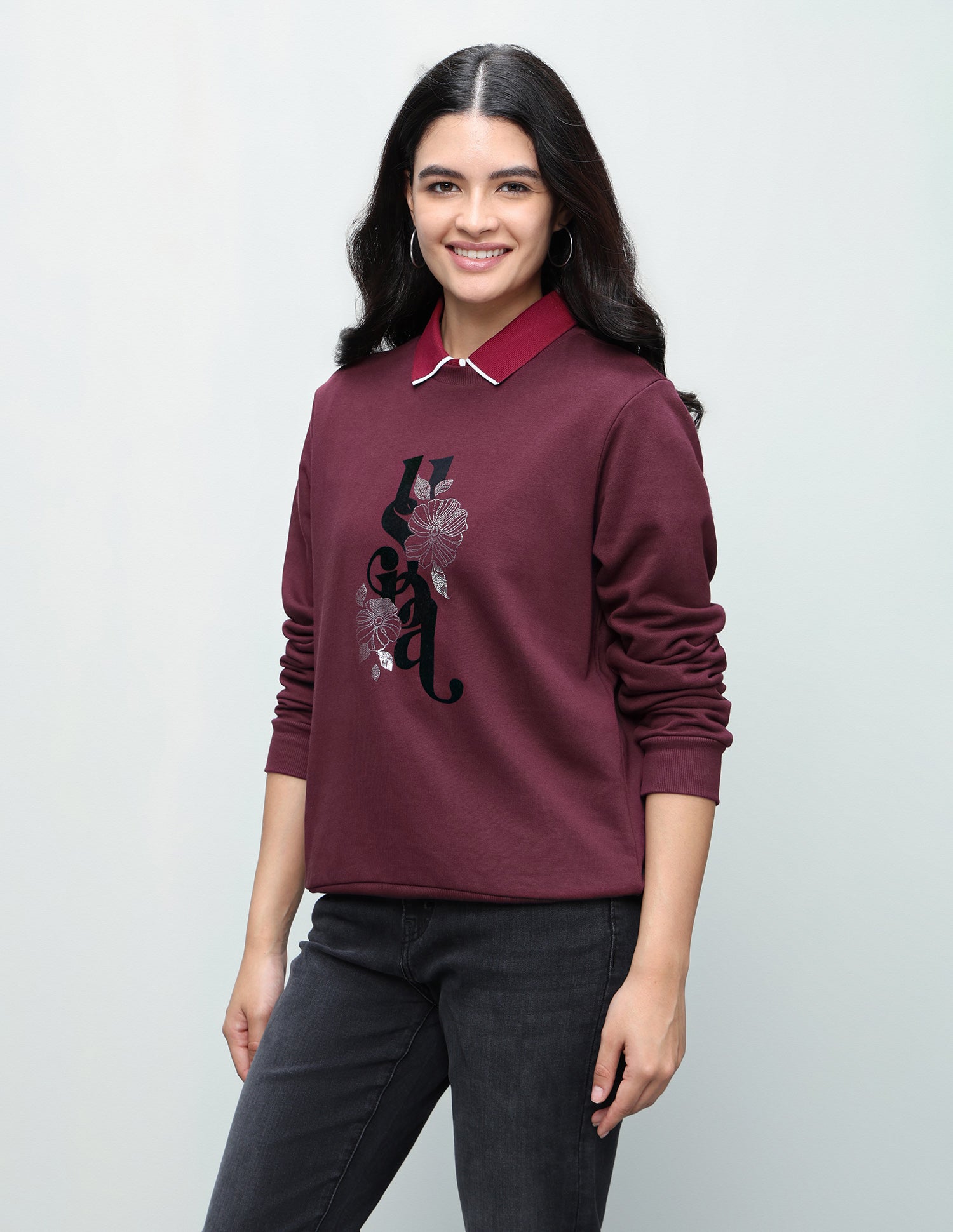 Brand Floral Embellished Regular Fit Sweatshirt Purple - U.S. Polo Assn. India | Large