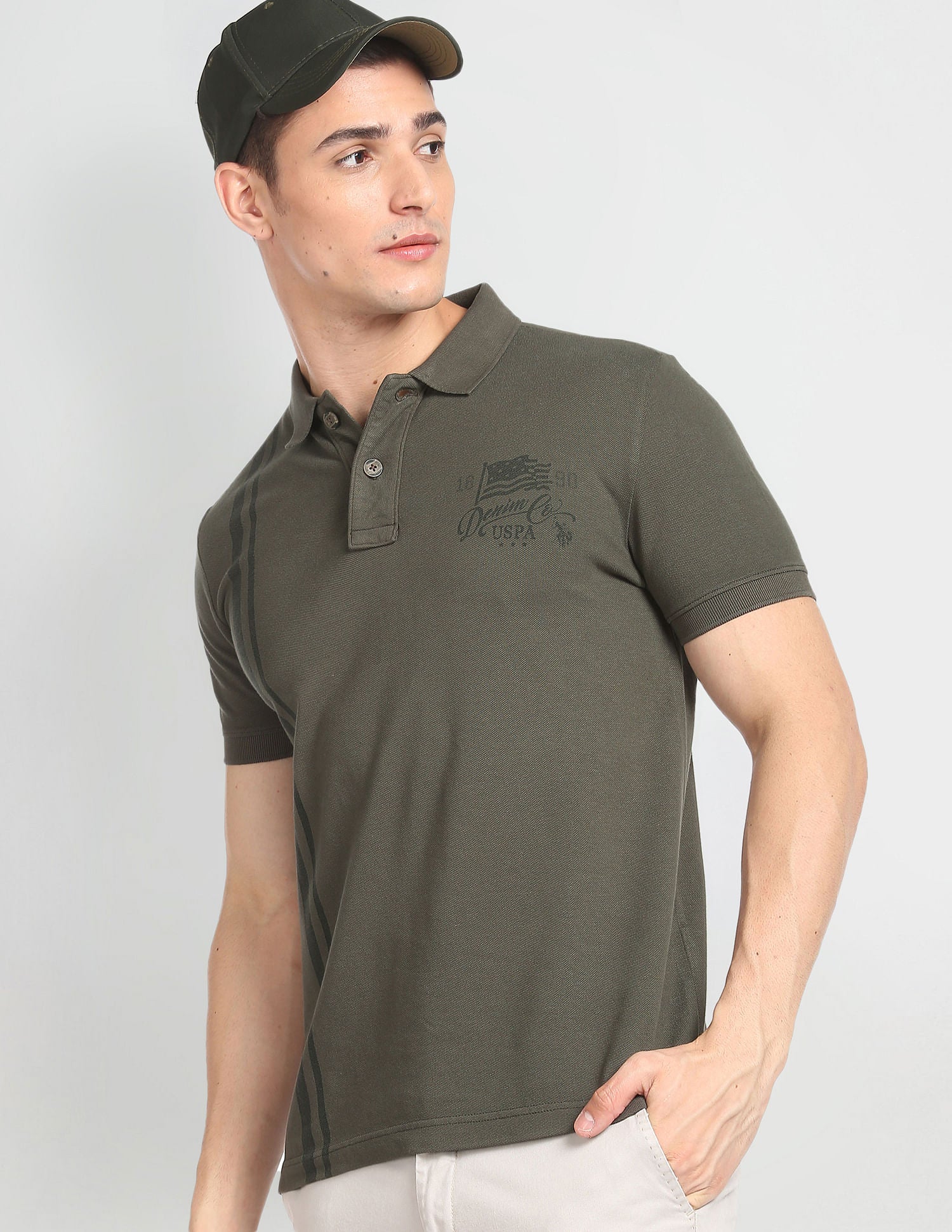 Vertical Stripe Cotton Polo Shirt Olive - U.S. POLO ASSN. | Large
