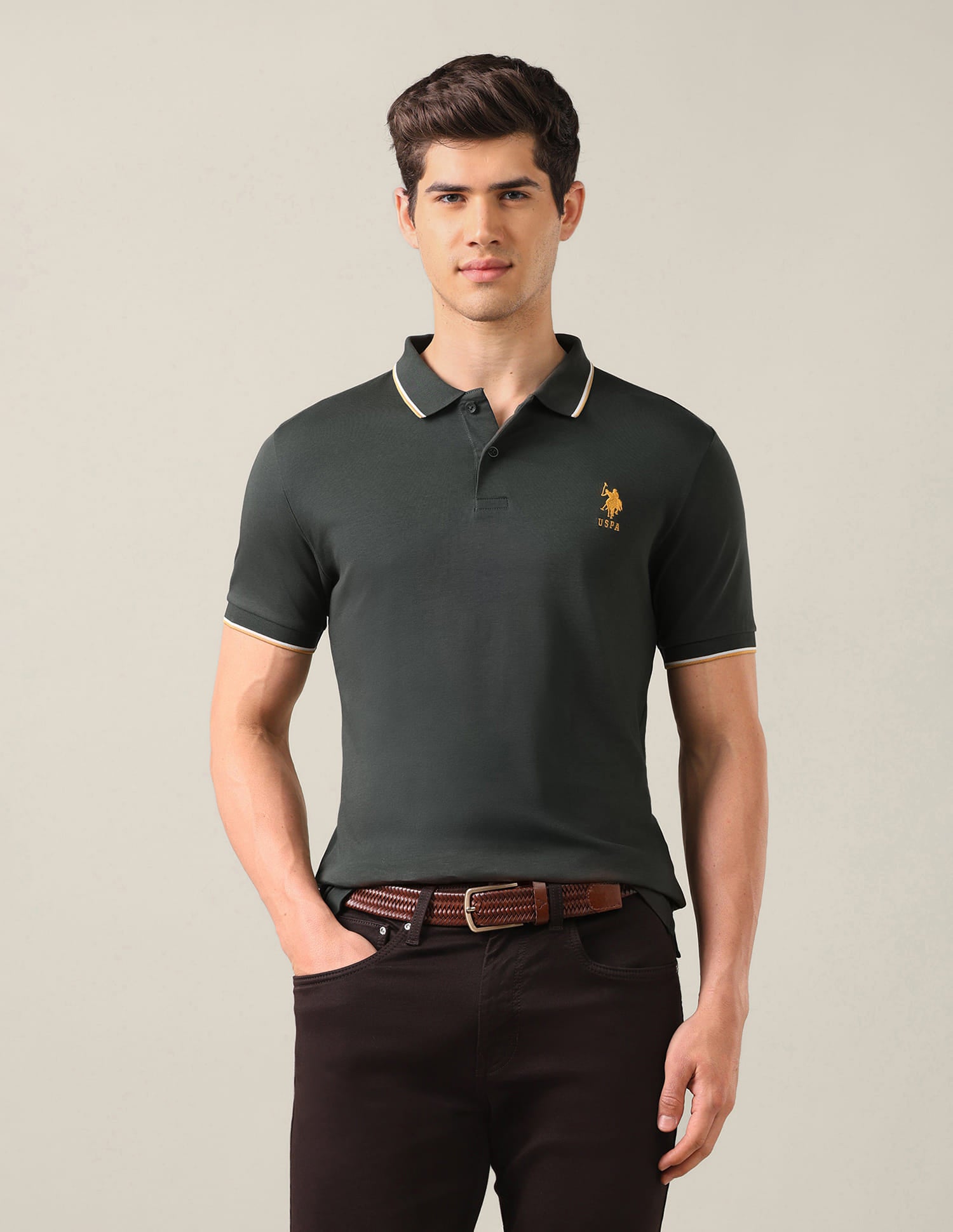 Solid Slim Fit Polo Shirt Green - U.S. Polo Assn. India | Large