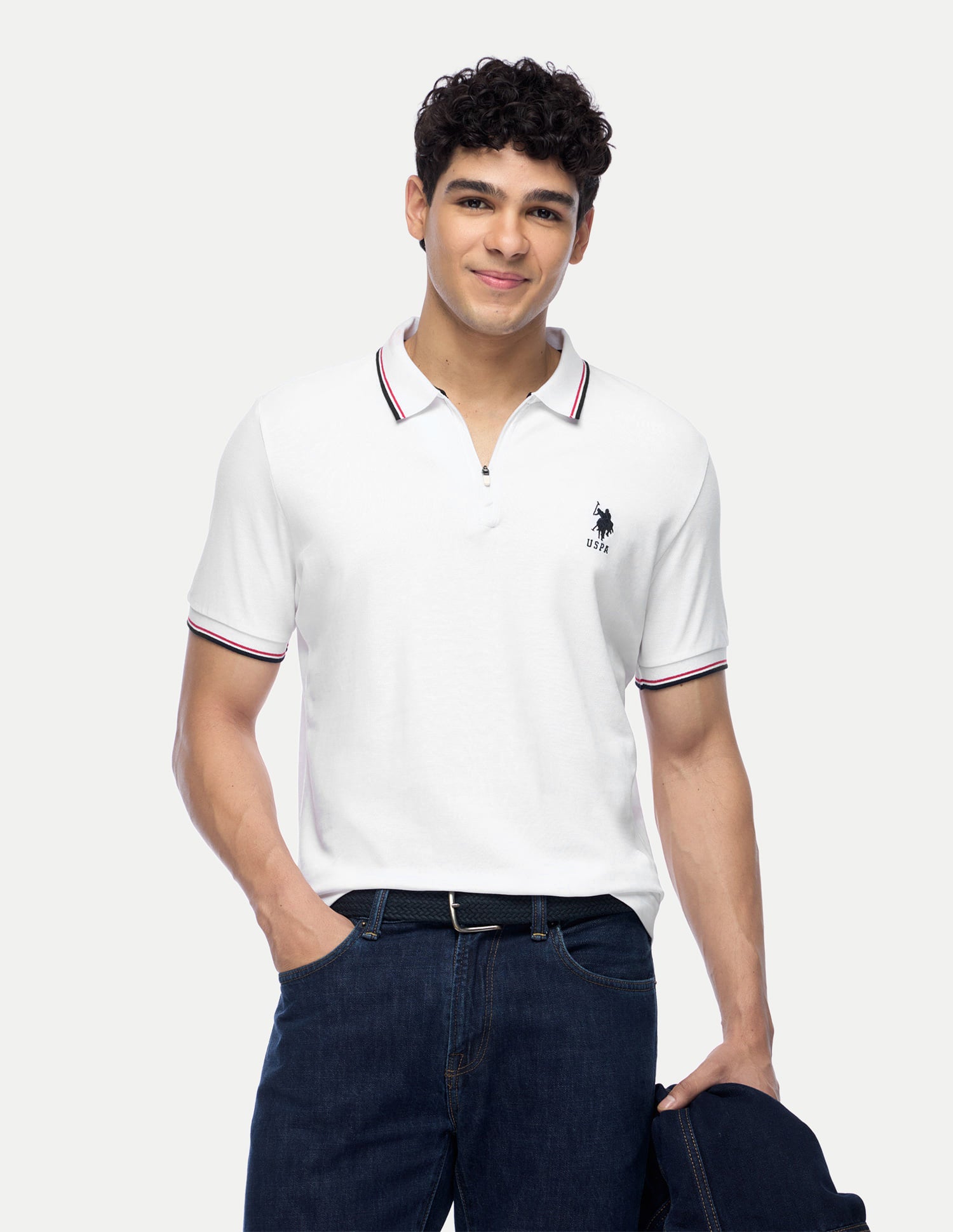Tipped Zipper Polo Shirt White - U.S. Polo Assn. India | Large