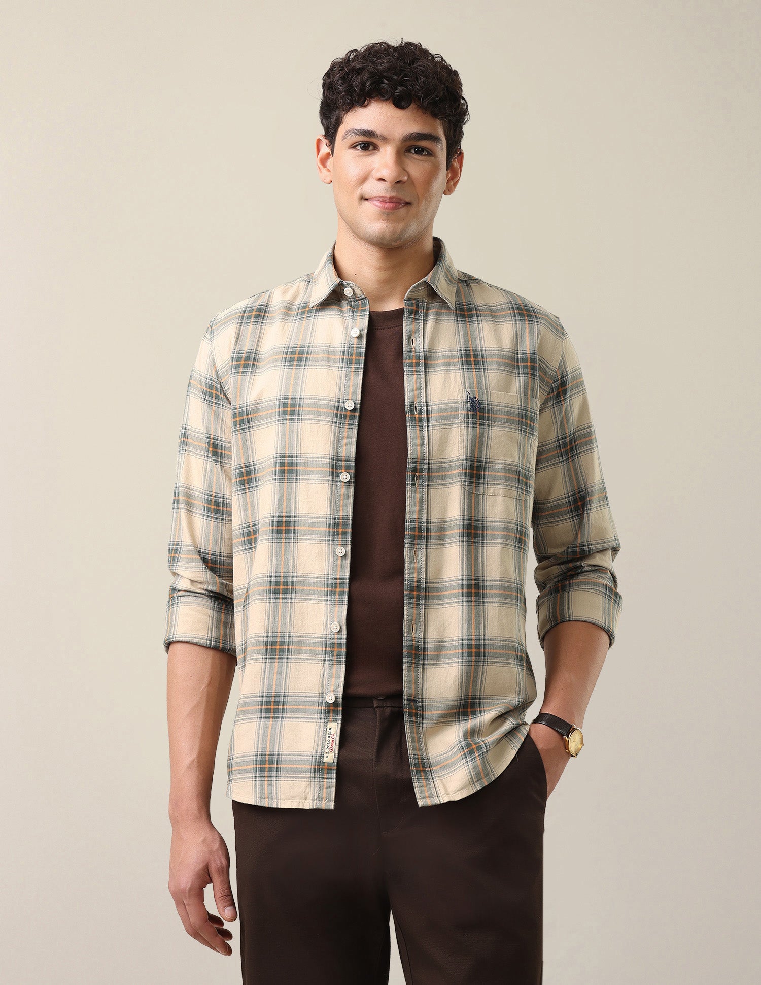 Plaid Checked Twill Shirt Beige - U.S. Polo Assn. India | Large