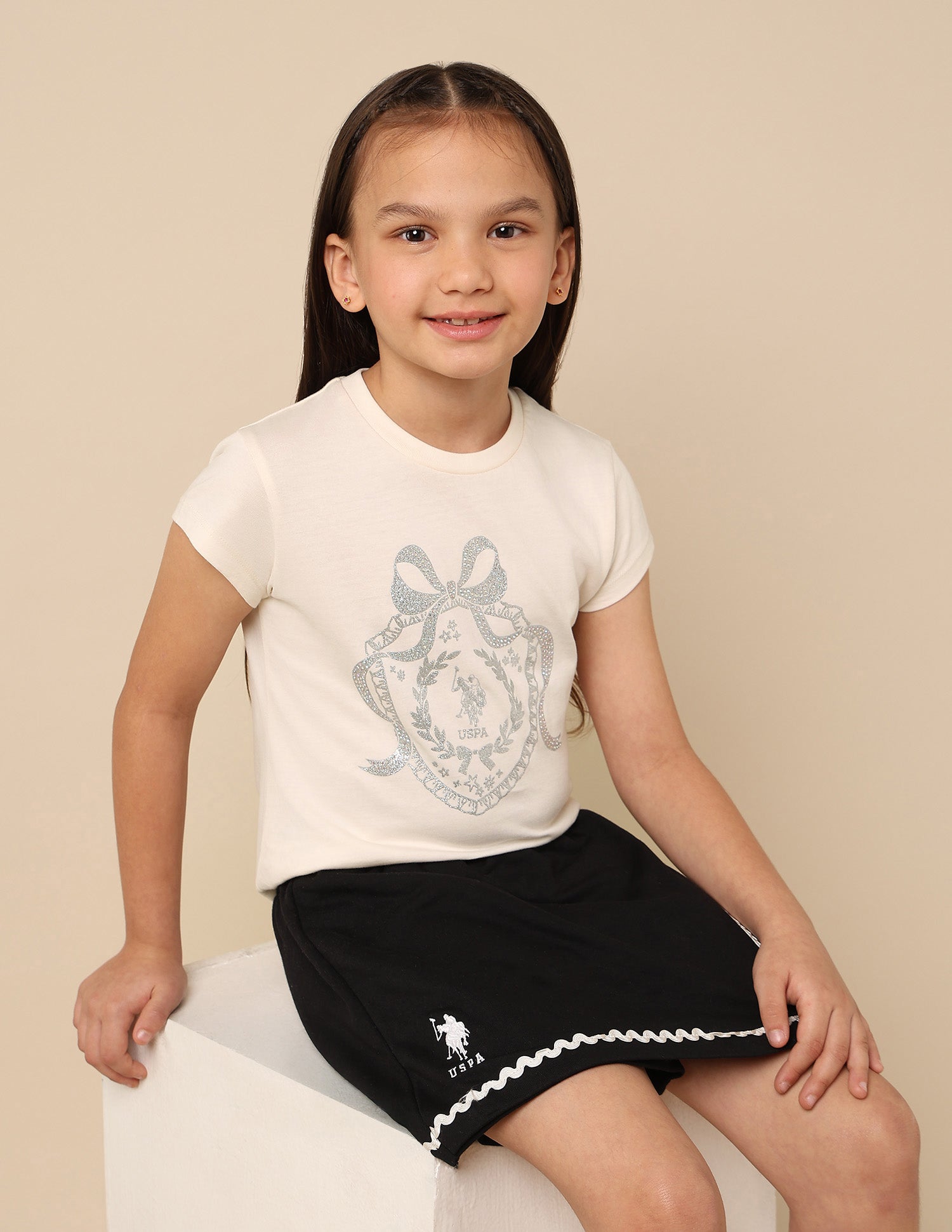 Girls Embellised Metallic Brand Printed Top