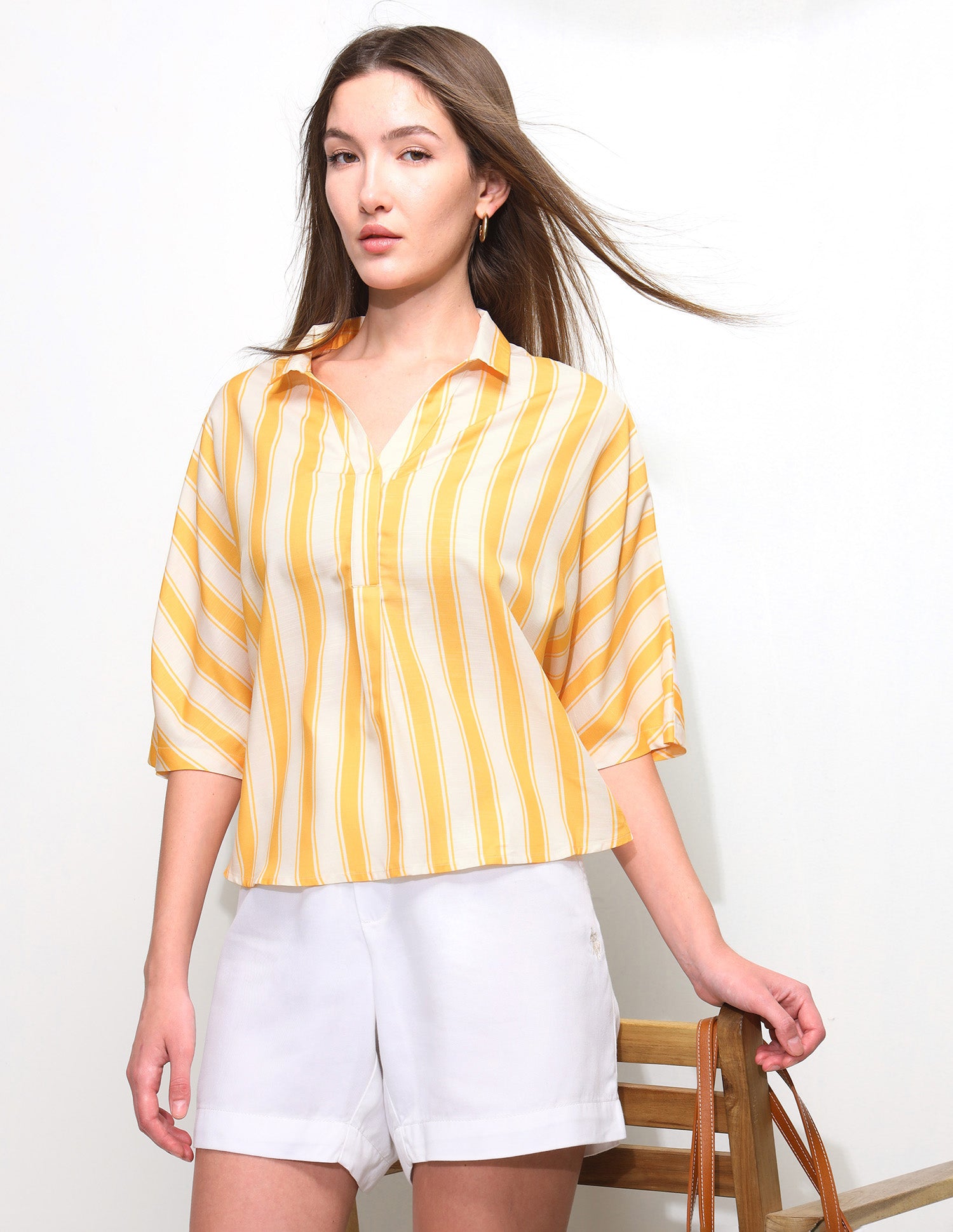 Vertical Striped Elbow Sleeve Top