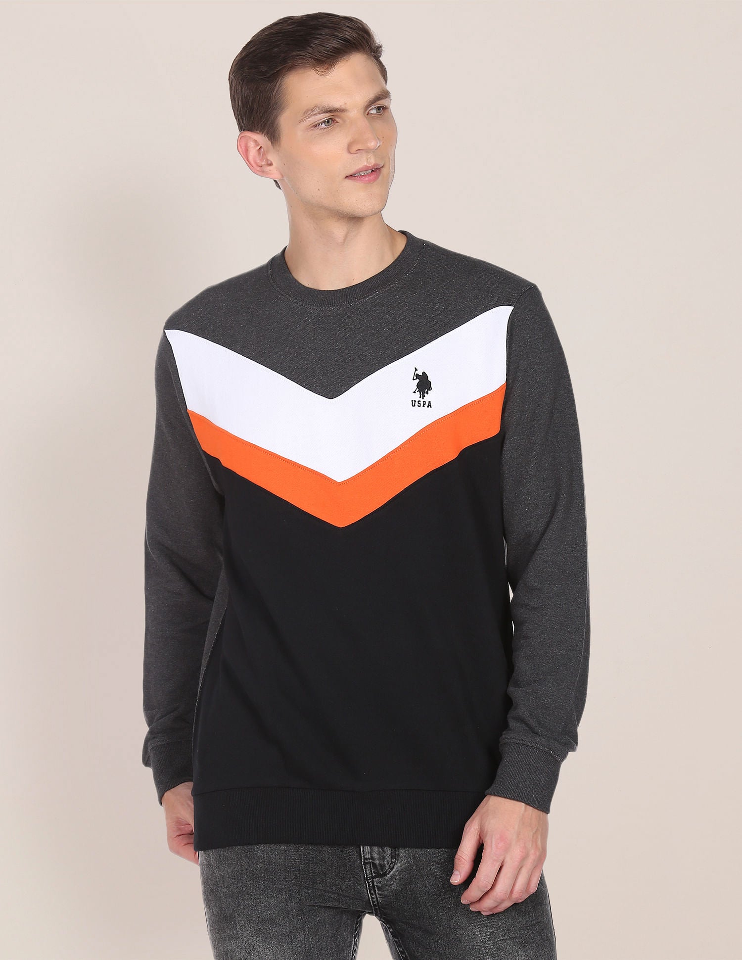 Crew Neck Colour Block Sweatshirt Grey and Black - U.S. POLO ASSN. | Large