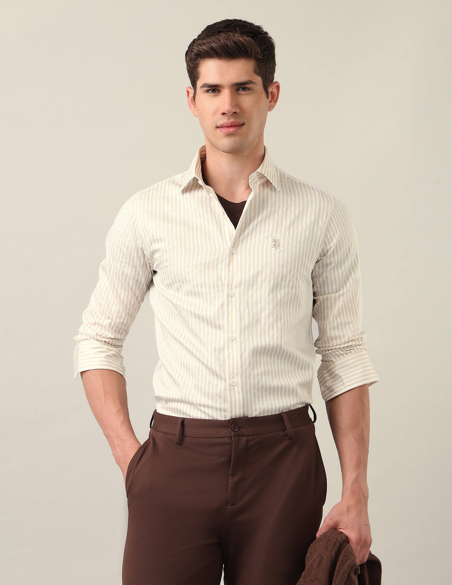 Vertical Striped Satin Shirt Beige - U.S. Polo Assn. India | Large