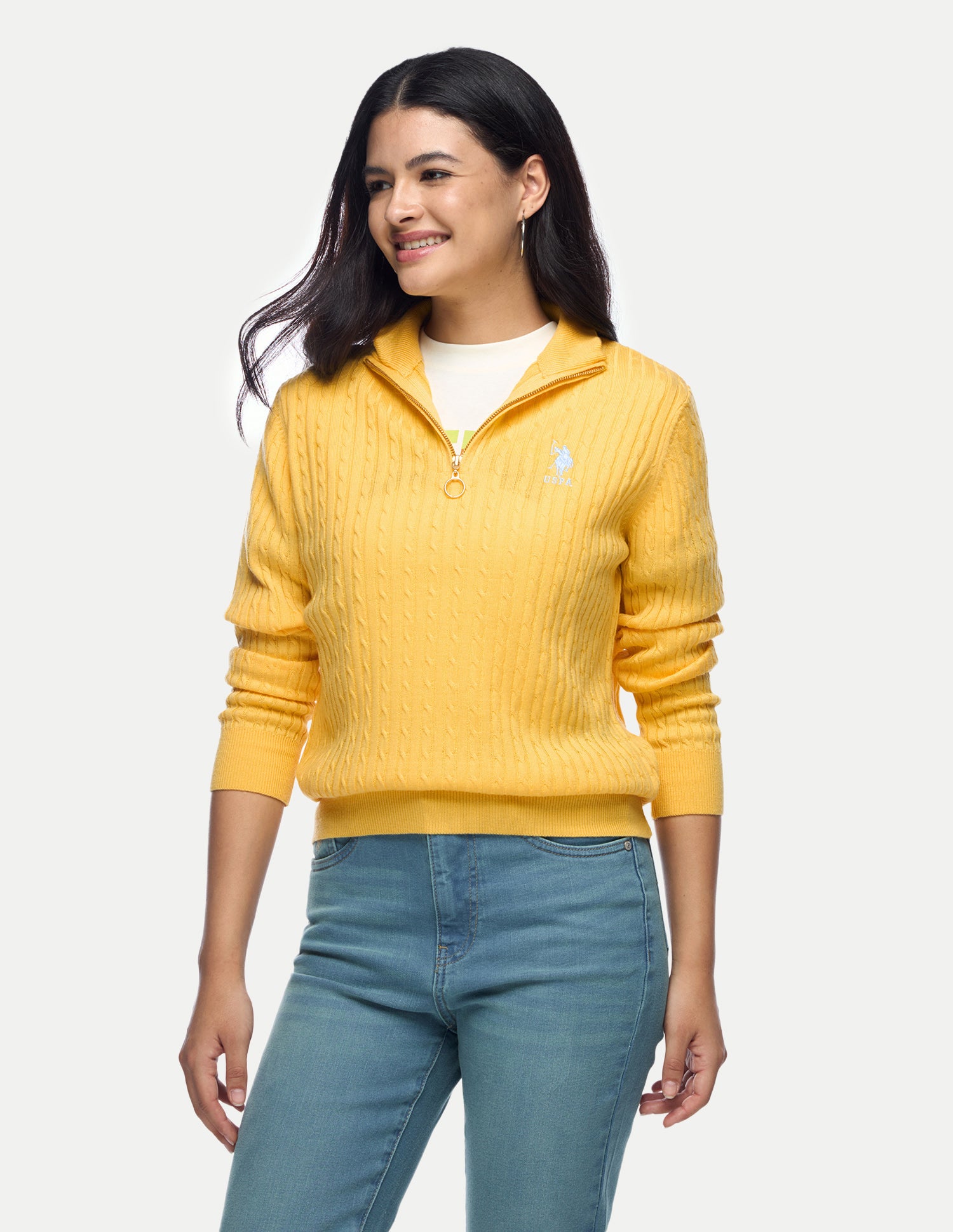 Cable Patterned Knit Regular Fit Sweater Yellow - U.S. Polo Assn. India | Large