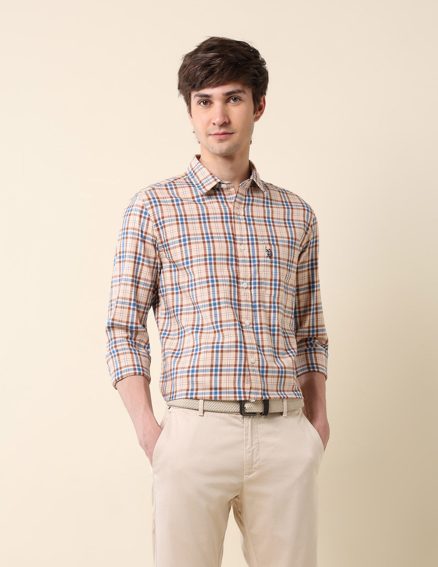 Tartan Checked Pure Cotton Shirt Light Orange - U.S. Polo Assn. India | Large