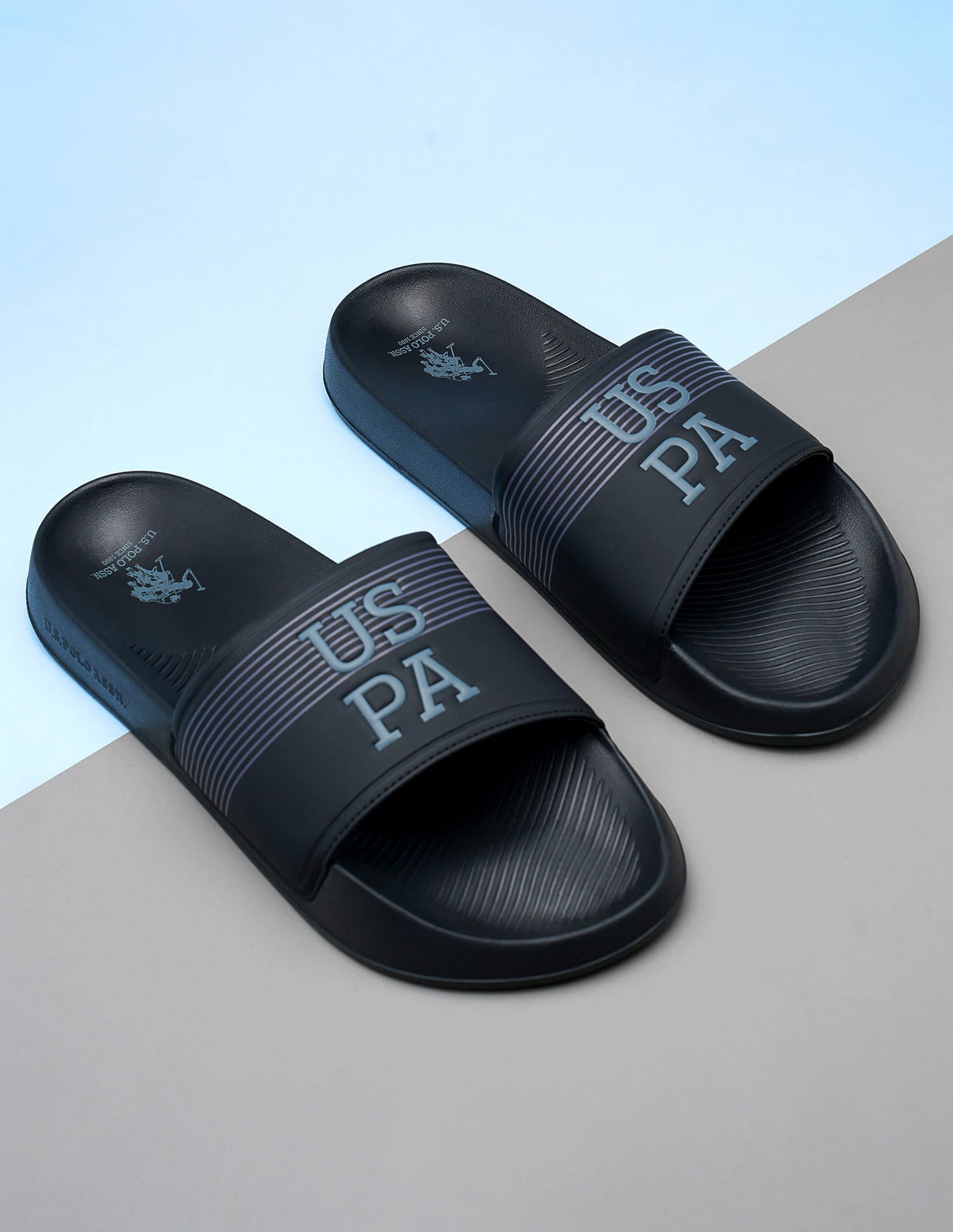 Men Striped Artax 2.0 Blk Sliders Black - U.S. Polo Assn. India | Large