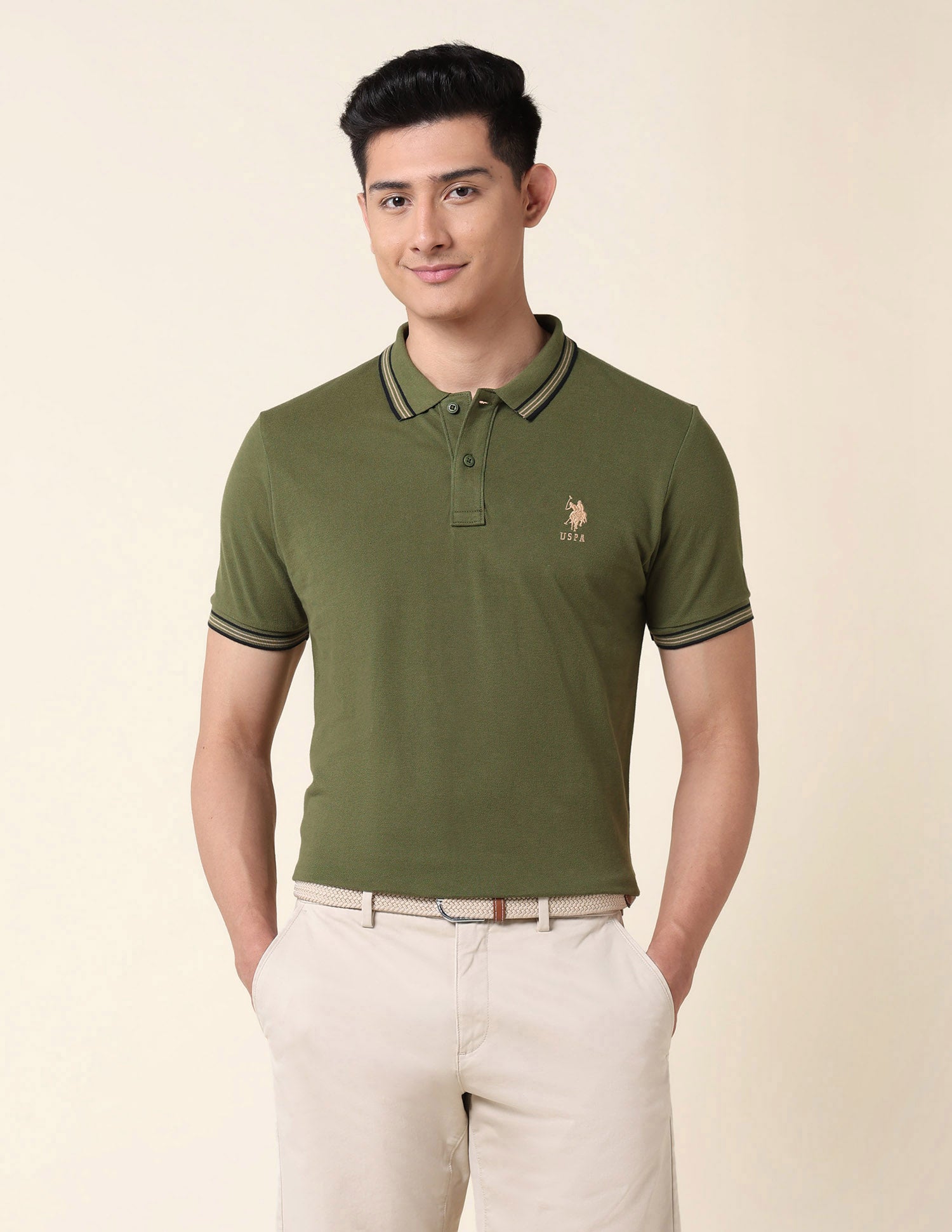 Slim Fit Pure Cotton Polo Shirt Olive Green - U.S. Polo Assn. India | Large