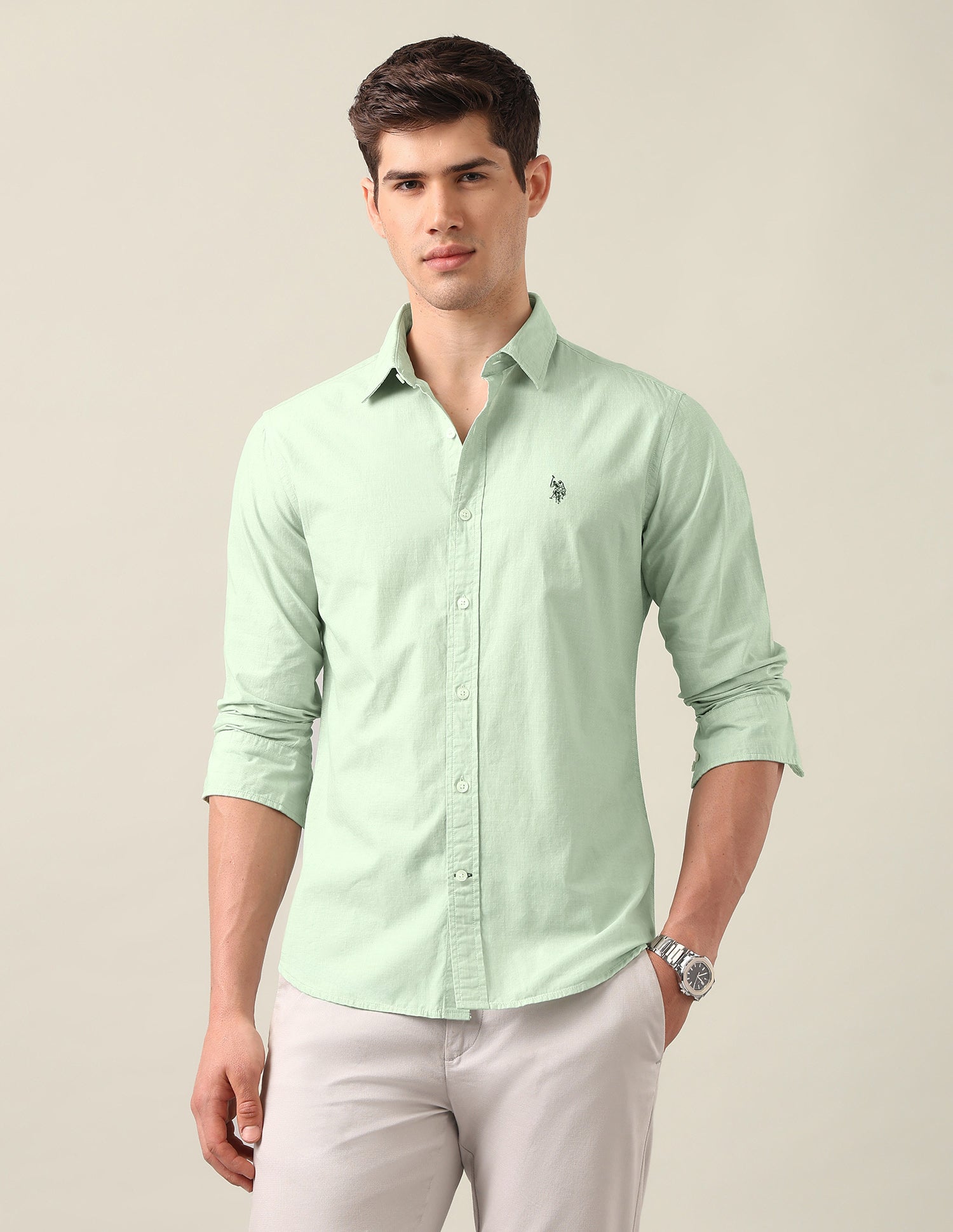 Tailored Fit Solid Shirt Light Green - U.S. Polo Assn. India | Large