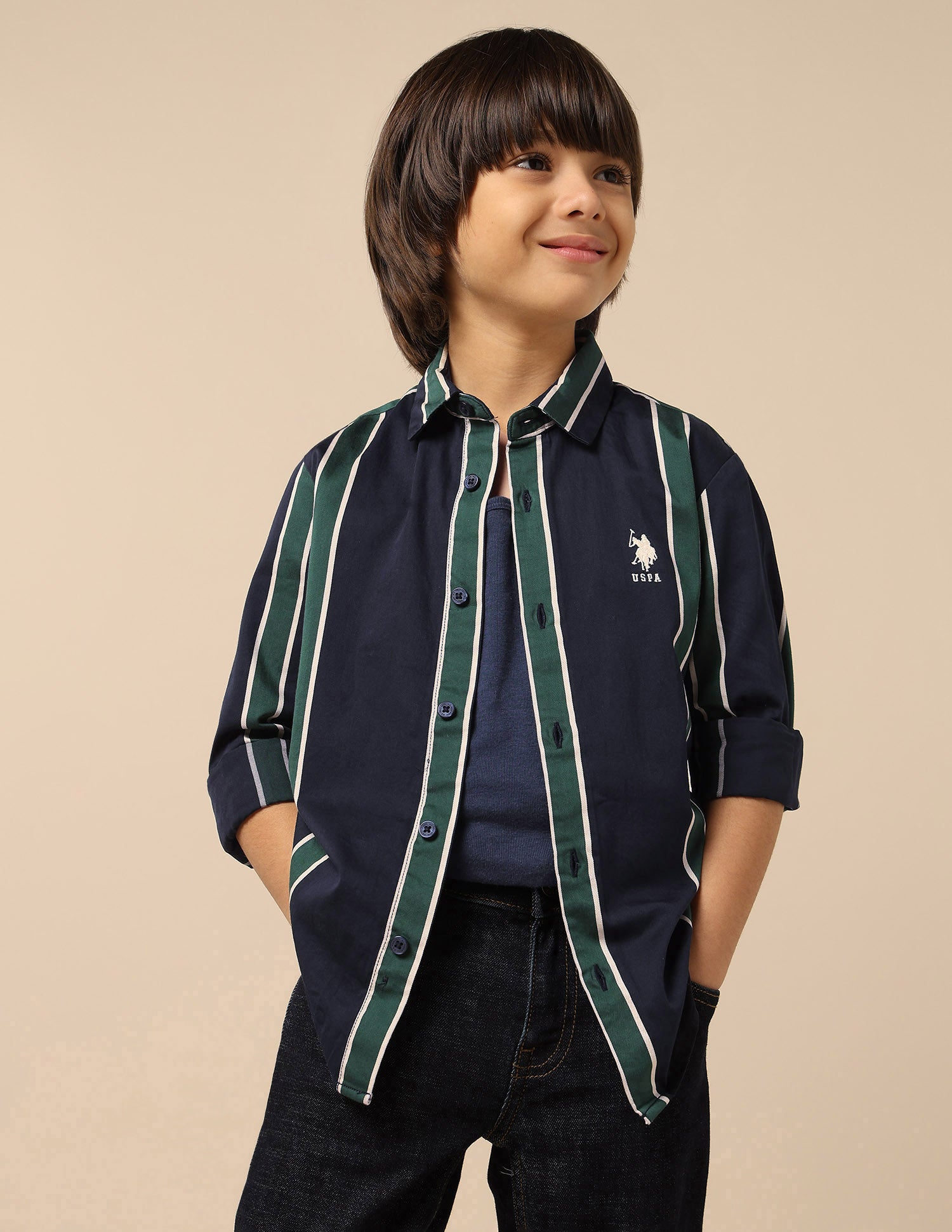 Boys Vertical Striped Twill Shirt