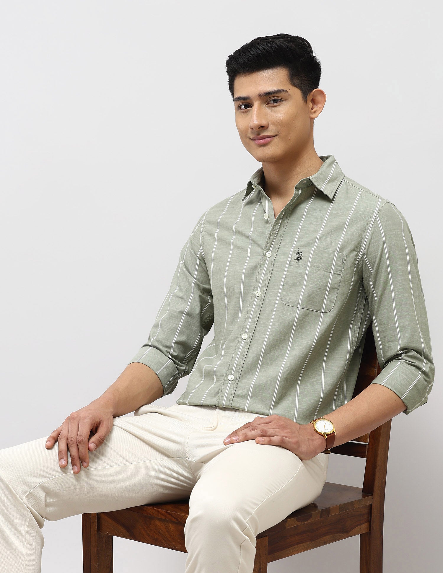 Vertical Striped Pure Cotton Shirt Light Olive - U.S. Polo Assn. India | Large