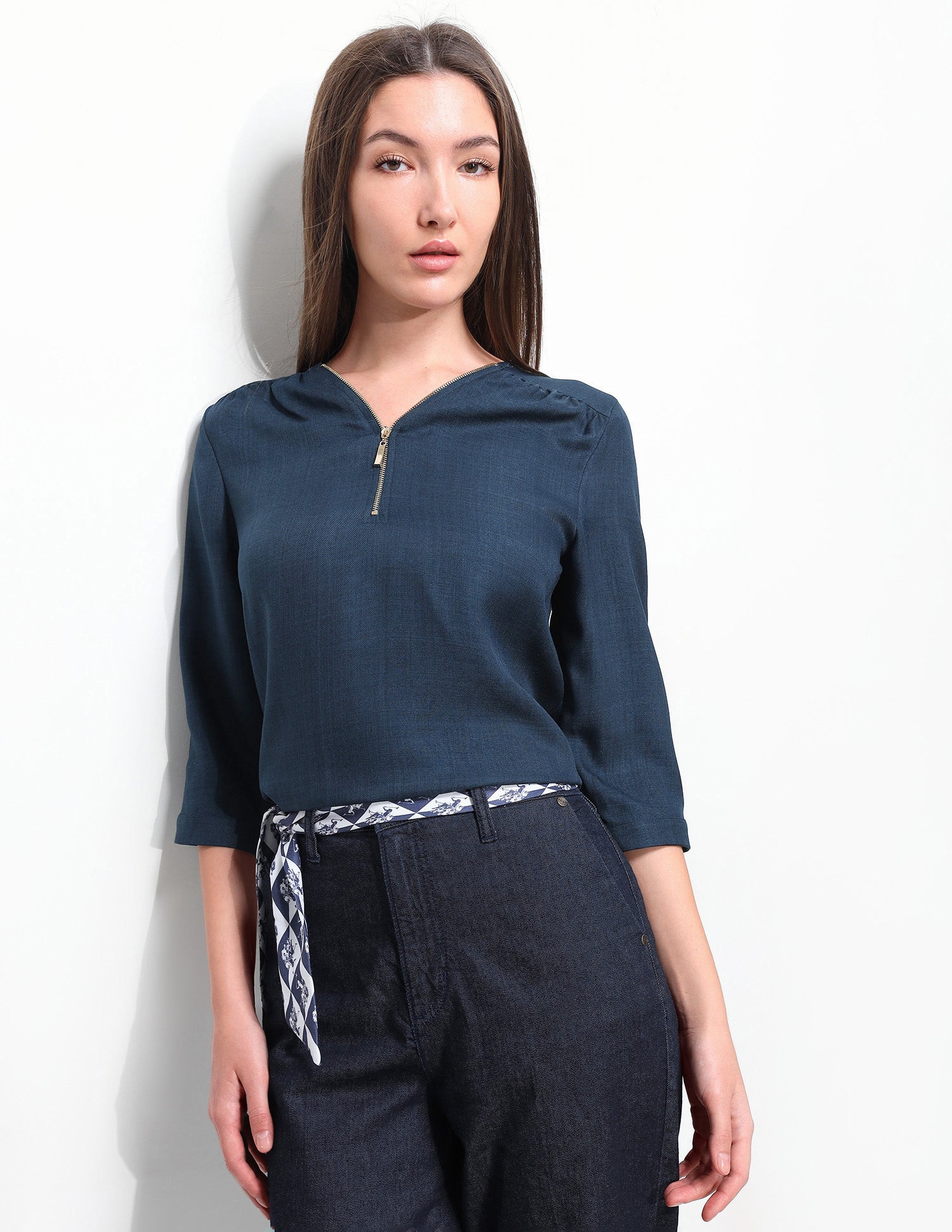 Solid Regular Fit Zipper Top