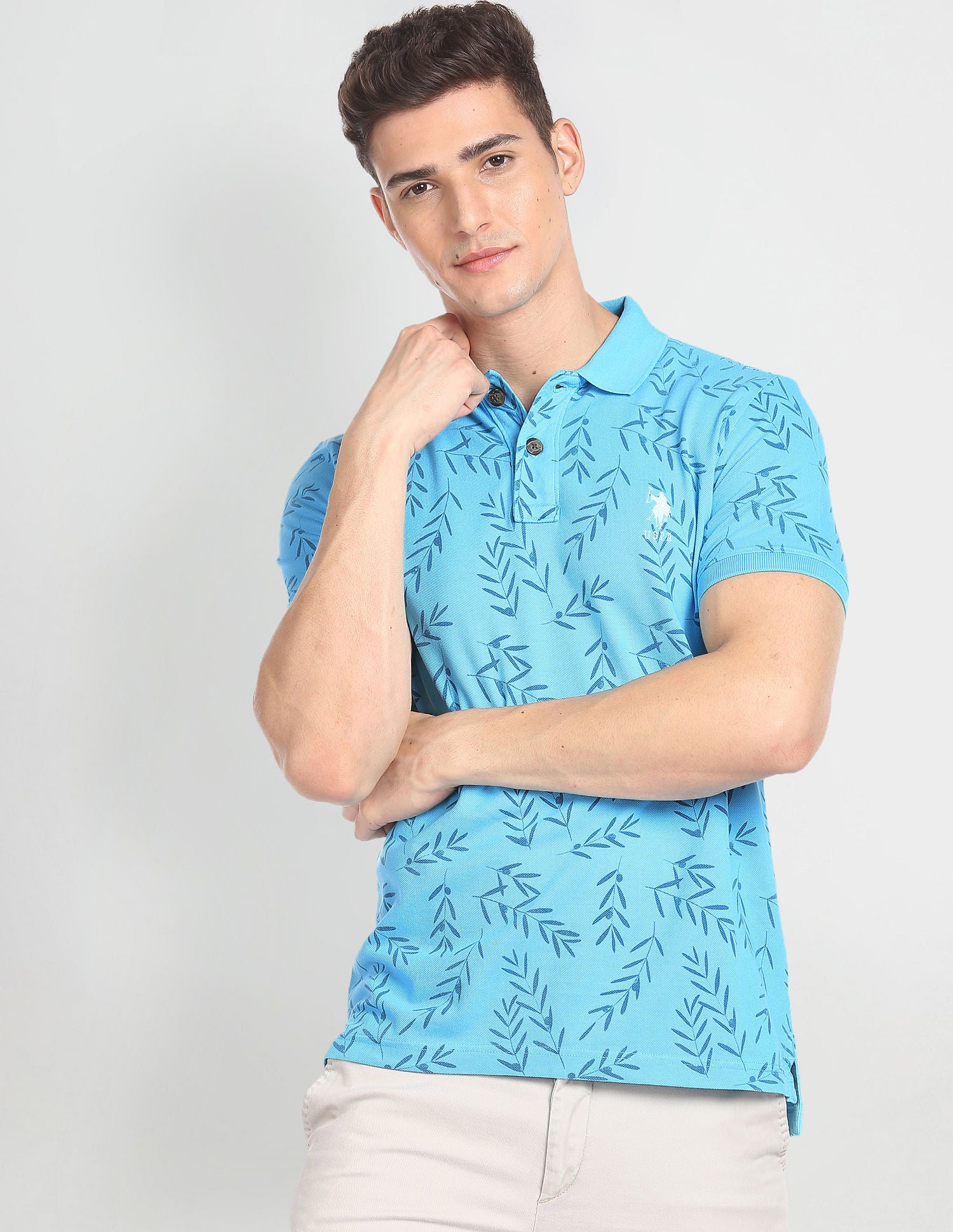 Floral Print Cotton Polo Shirt Light Blue - U.S. POLO ASSN. | Large
